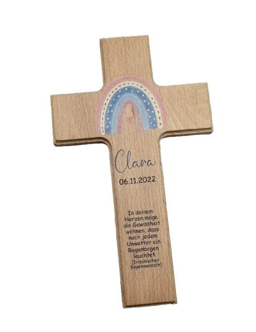 Taufkreuz / Kinderkreuz personalisiert "Regenbogen Boho" Wandkreuz aus Holz