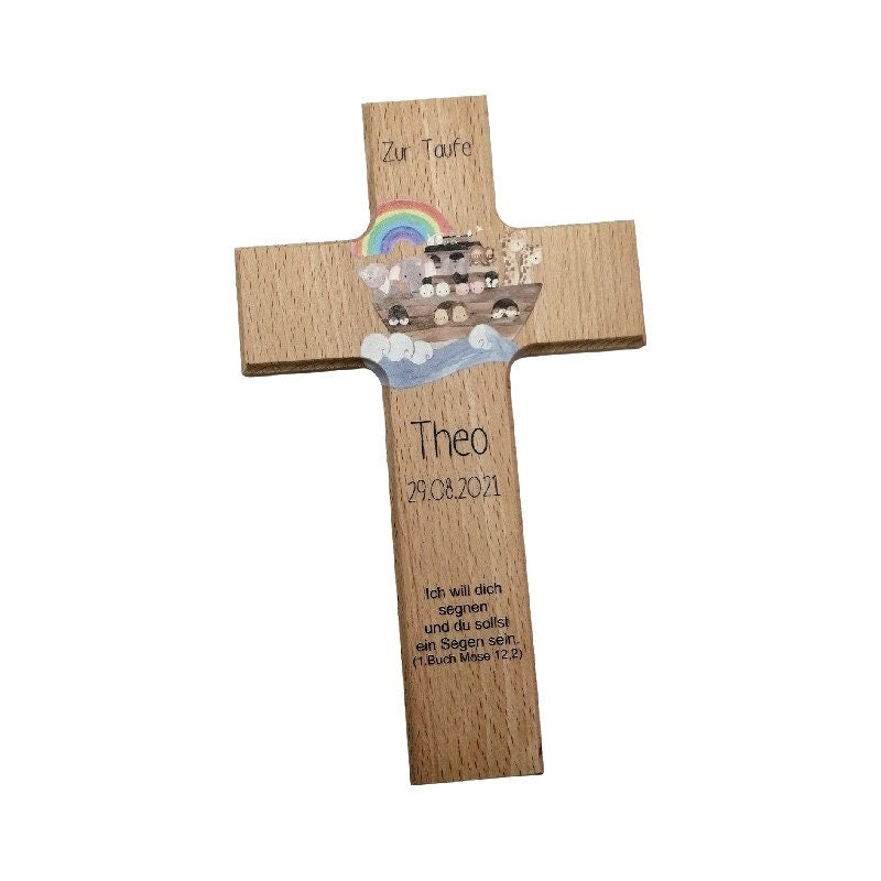 Taufkreuz / Kinderkreuz personalisiert "Arche 2" Wandkreuz aus Holz