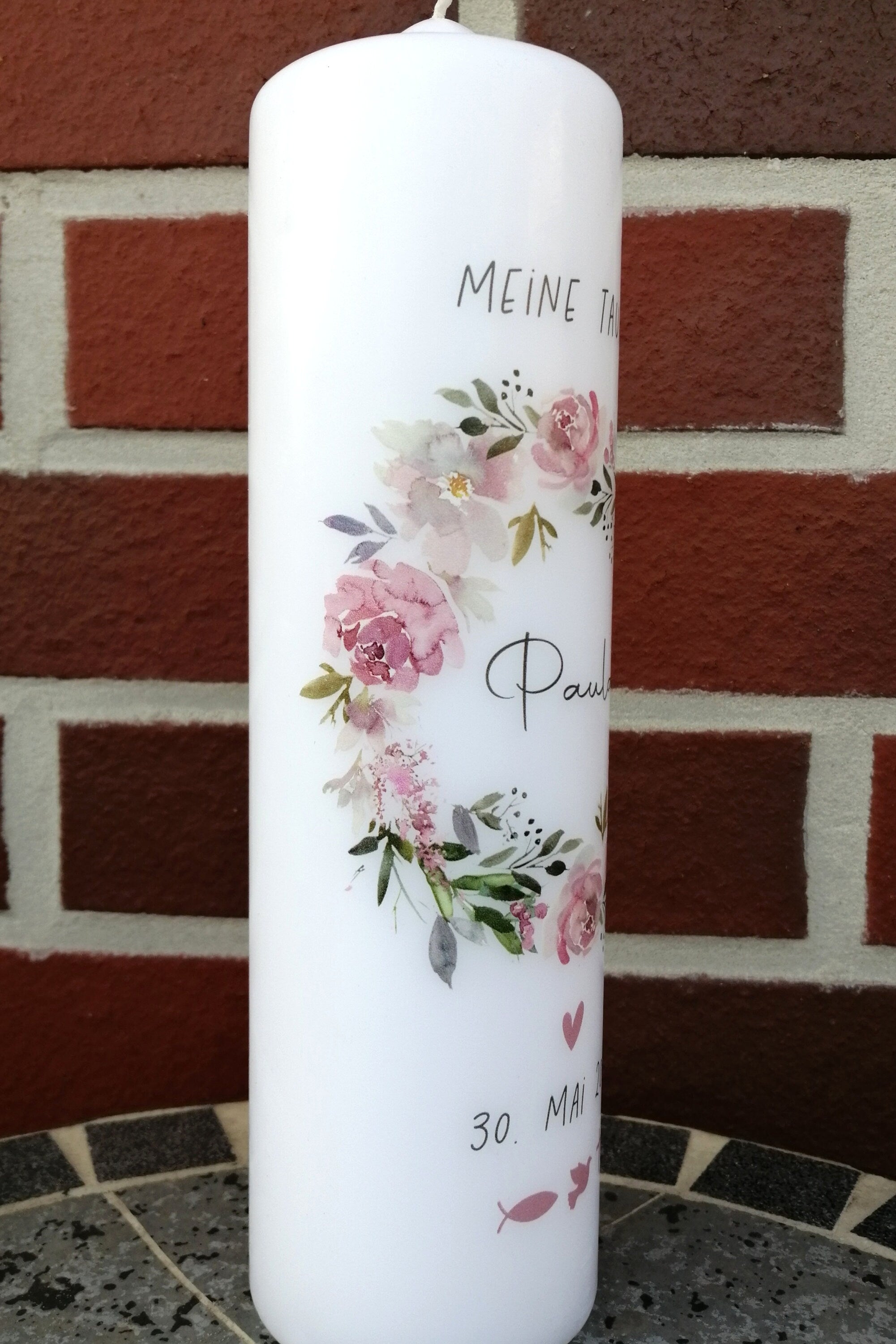 Taufkerze personalisiert mit Namen und Datum "Blumenkranz 2 Symbole", Junge/ Mädchen, personalisierte Taufkerze, handgemachte Taufkerzen