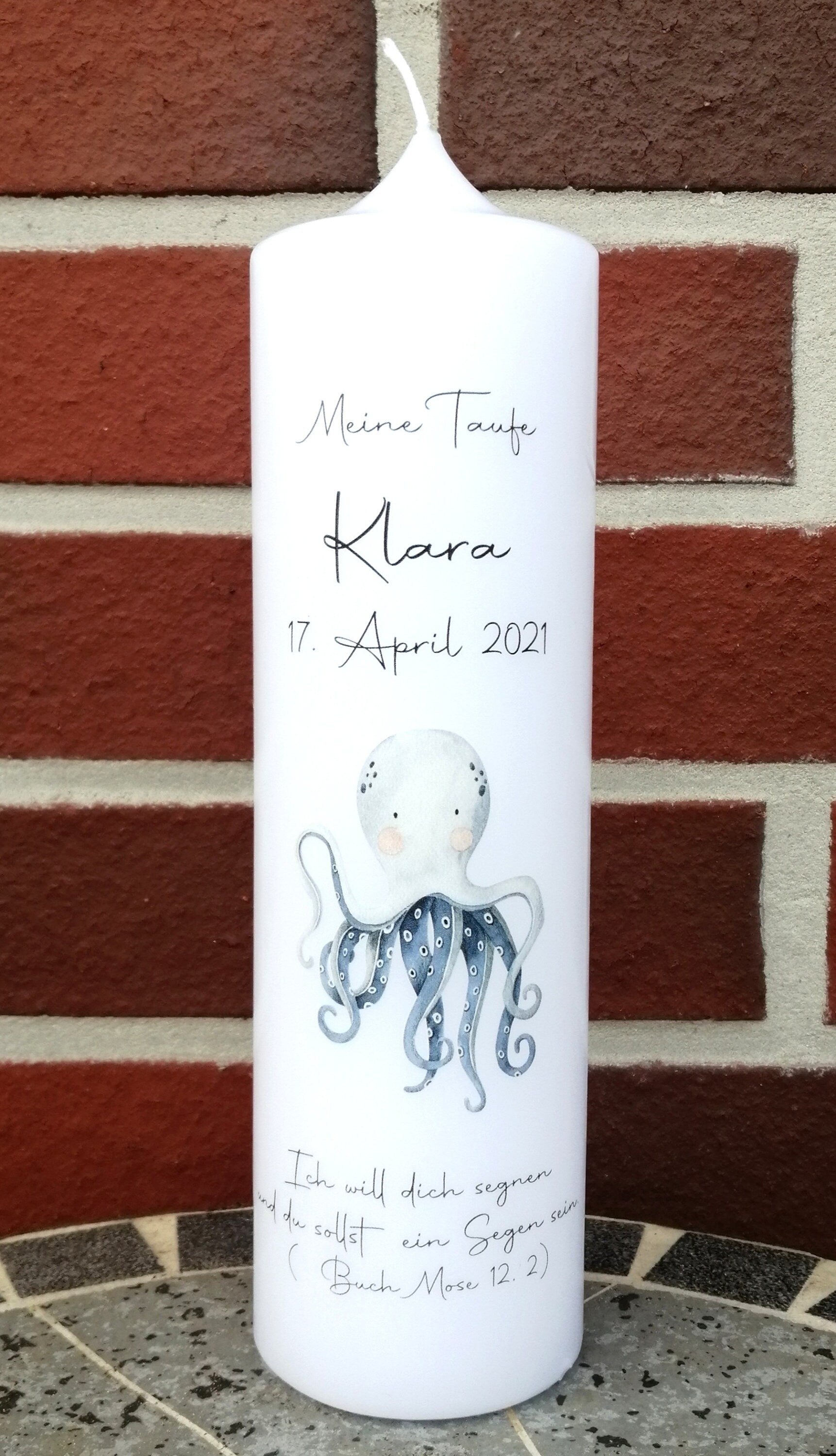 Taufkerze personalisiert mit Namen Datum und Taufspruch "Oktopus", Junge/ Mädchen