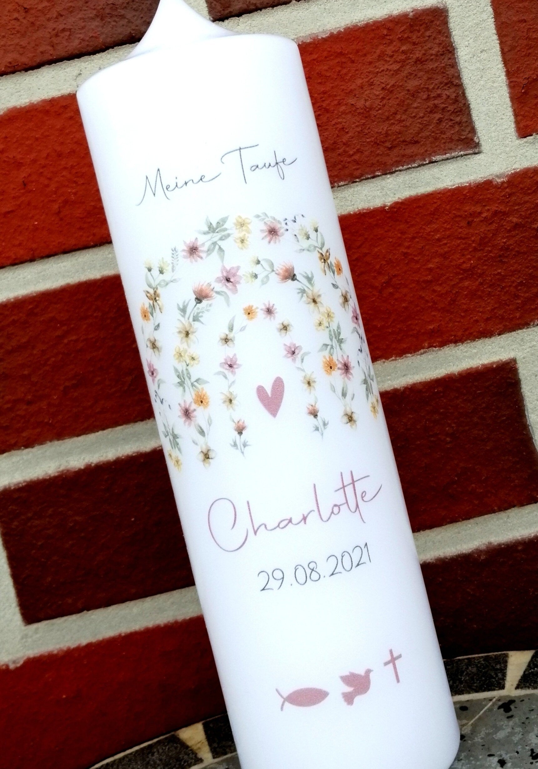 Taufkerze personalisiert mit Namen und Datum "Blumenbogen Symbole", Junge/ Mädchen