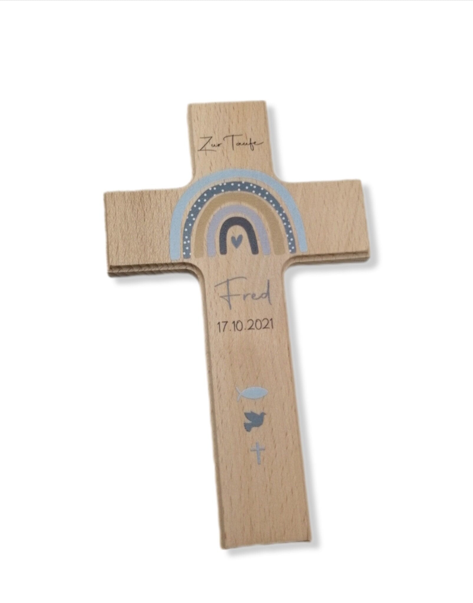 Taufkreuz / Kinderkreuz personalisiert "Regenbogen Punkte Symbole" Wandkreuz aus Holz