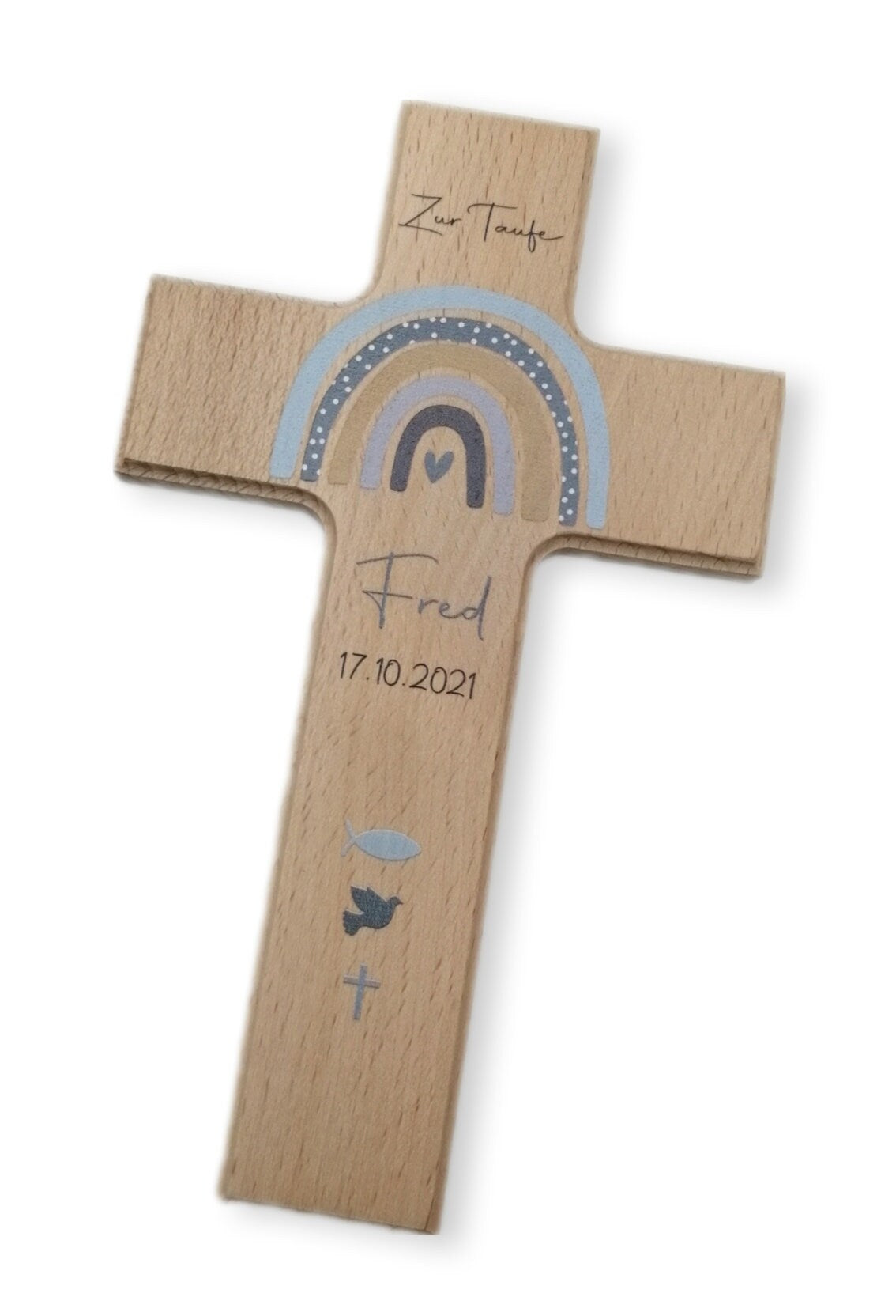 Taufkreuz / Kinderkreuz personalisiert "Regenbogen Punkte Symbole" Wandkreuz aus Holz