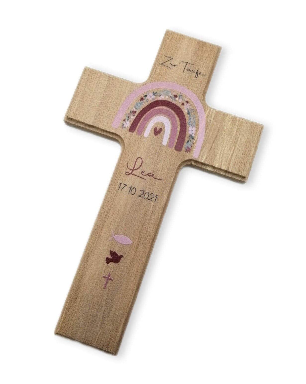 Taufkreuz / Kinderkreuz personalisiert "Regenbogen Blumen" Wandkreuz aus Holz