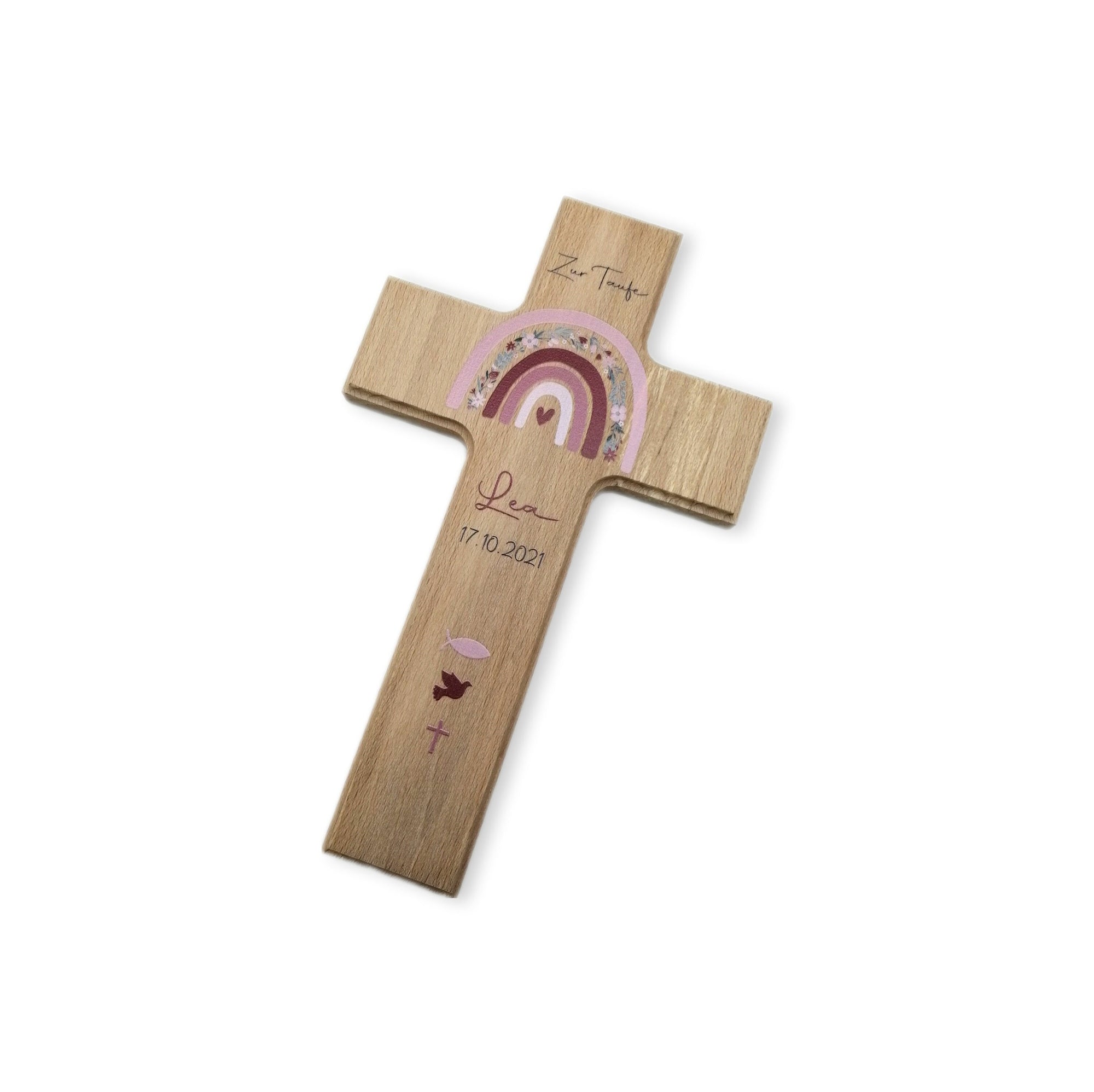 Taufkreuz / Kinderkreuz personalisiert "Regenbogen Blumen" Wandkreuz aus Holz