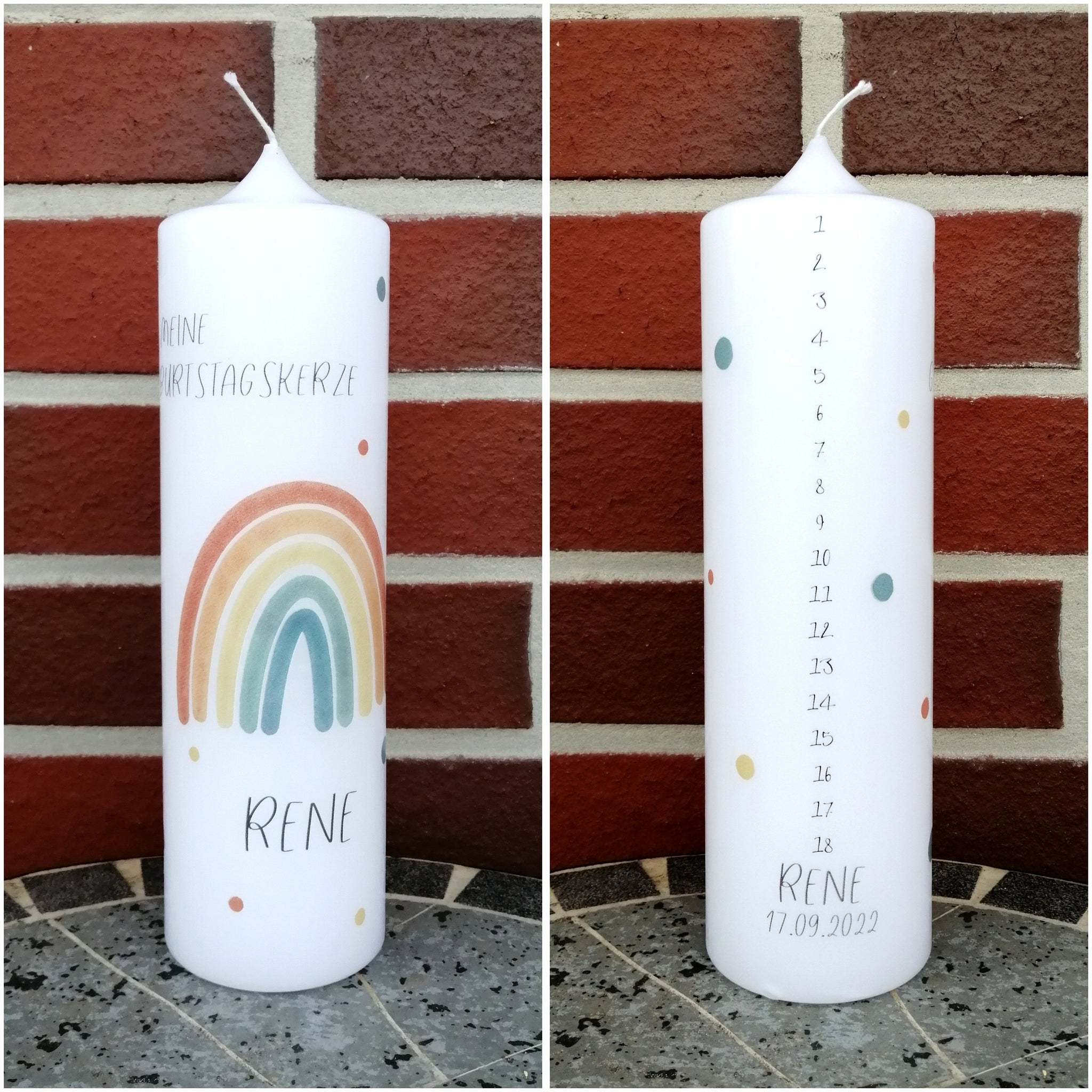 Geburtstagskerze/ Geburtskerze personalisiert mit Namen und Geburtsdatum " Regenbogen boho" / Geburt/ Taufe/ Geburtstag
