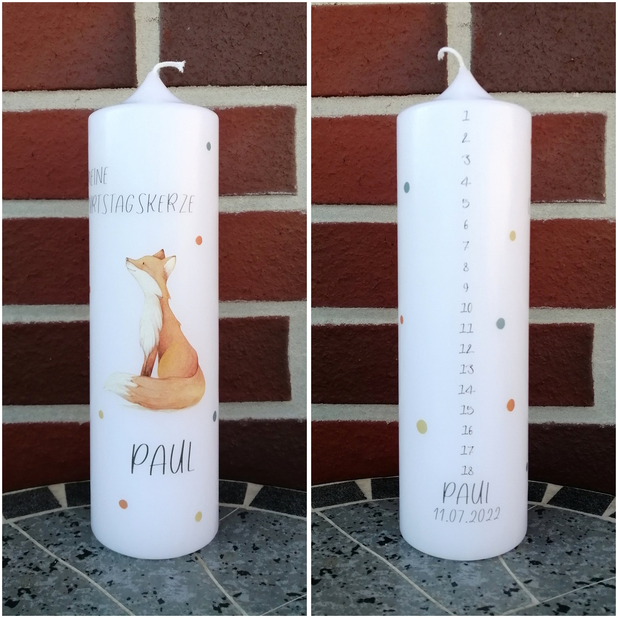 Geburtstagskerze/ Geburtskerze personalisiert mit Namen und Geburtsdatum "Fuchs" / Geburt/ Taufe/ Geburtstag