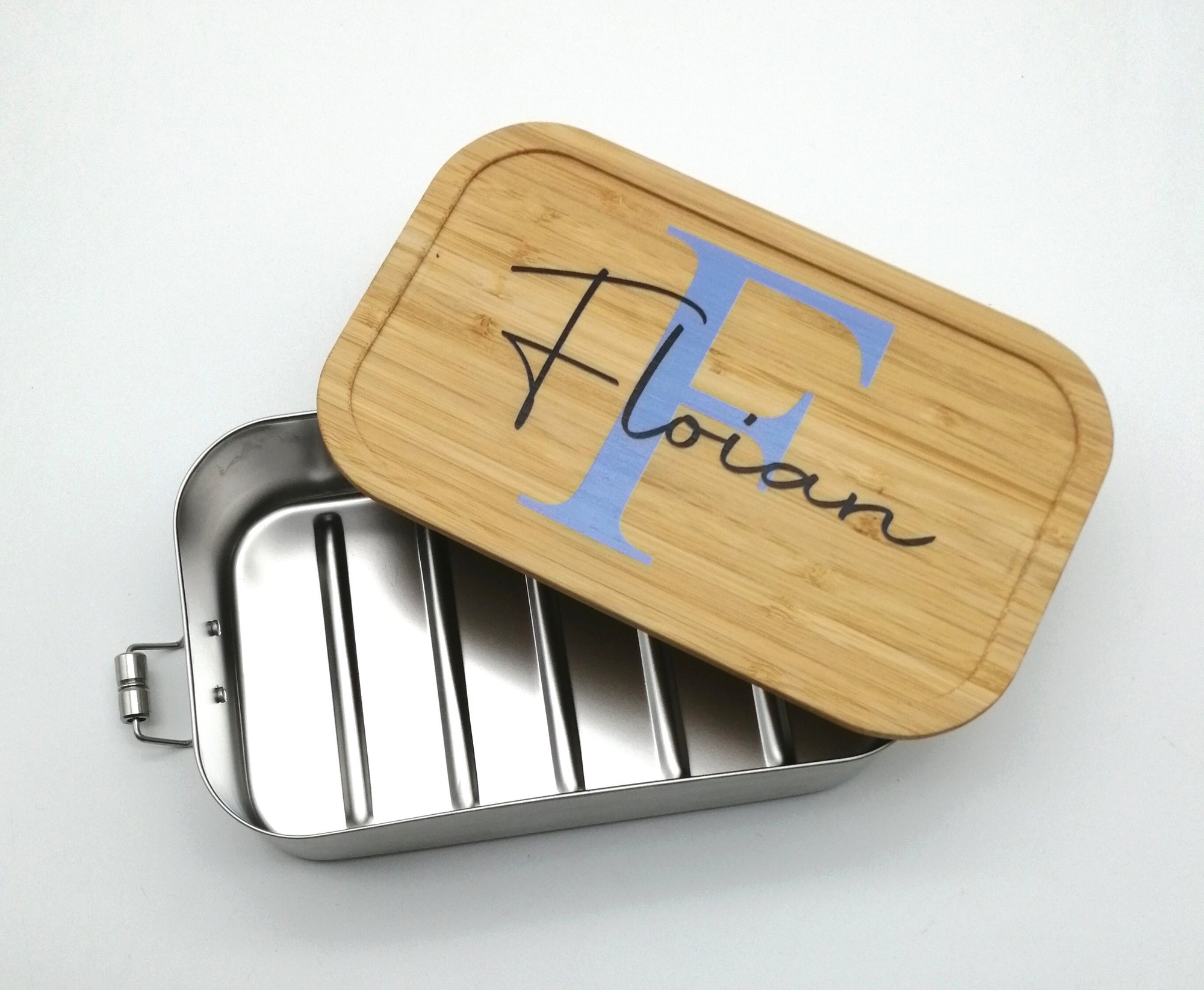 Brotdose personalisiert aus Edelstahl mit Bambus Deckel "Buchstabe blau", Trennsteg, Lunchbox