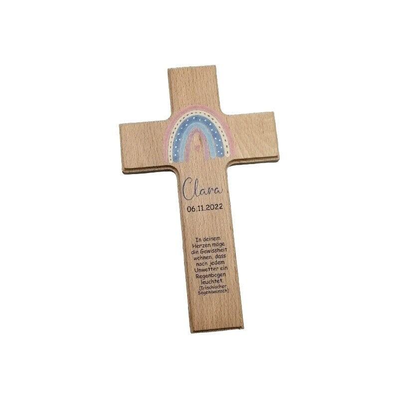 Taufkreuz / Kinderkreuz personalisiert "Regenbogen Boho" Wandkreuz aus Holz