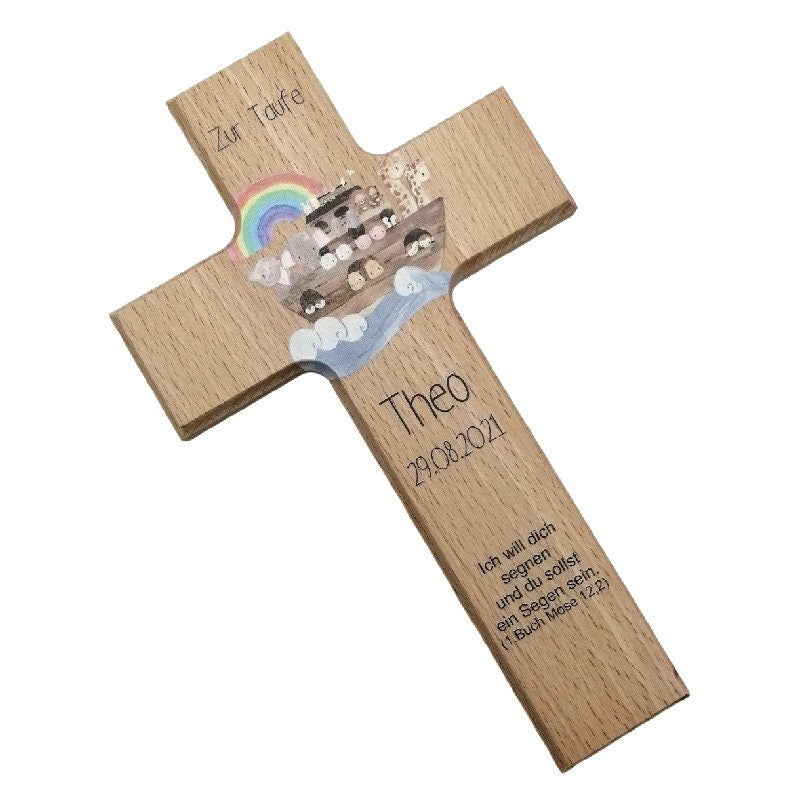 Taufkreuz / Kinderkreuz personalisiert "Arche 2" Wandkreuz aus Holz