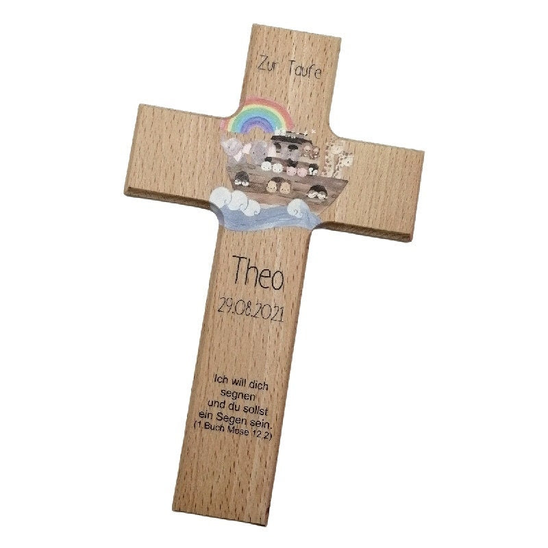 Taufkreuz / Kinderkreuz personalisiert "Arche 2" Wandkreuz aus Holz