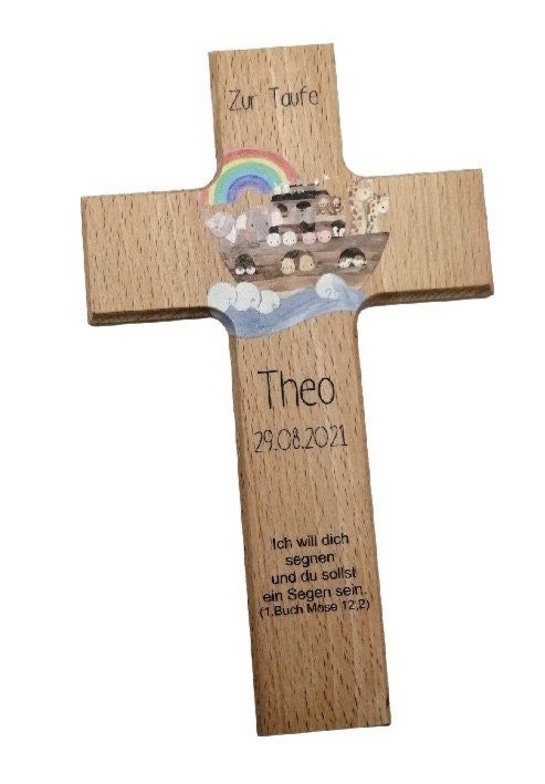 Taufkreuz / Kinderkreuz personalisiert "Arche 2" Wandkreuz aus Holz