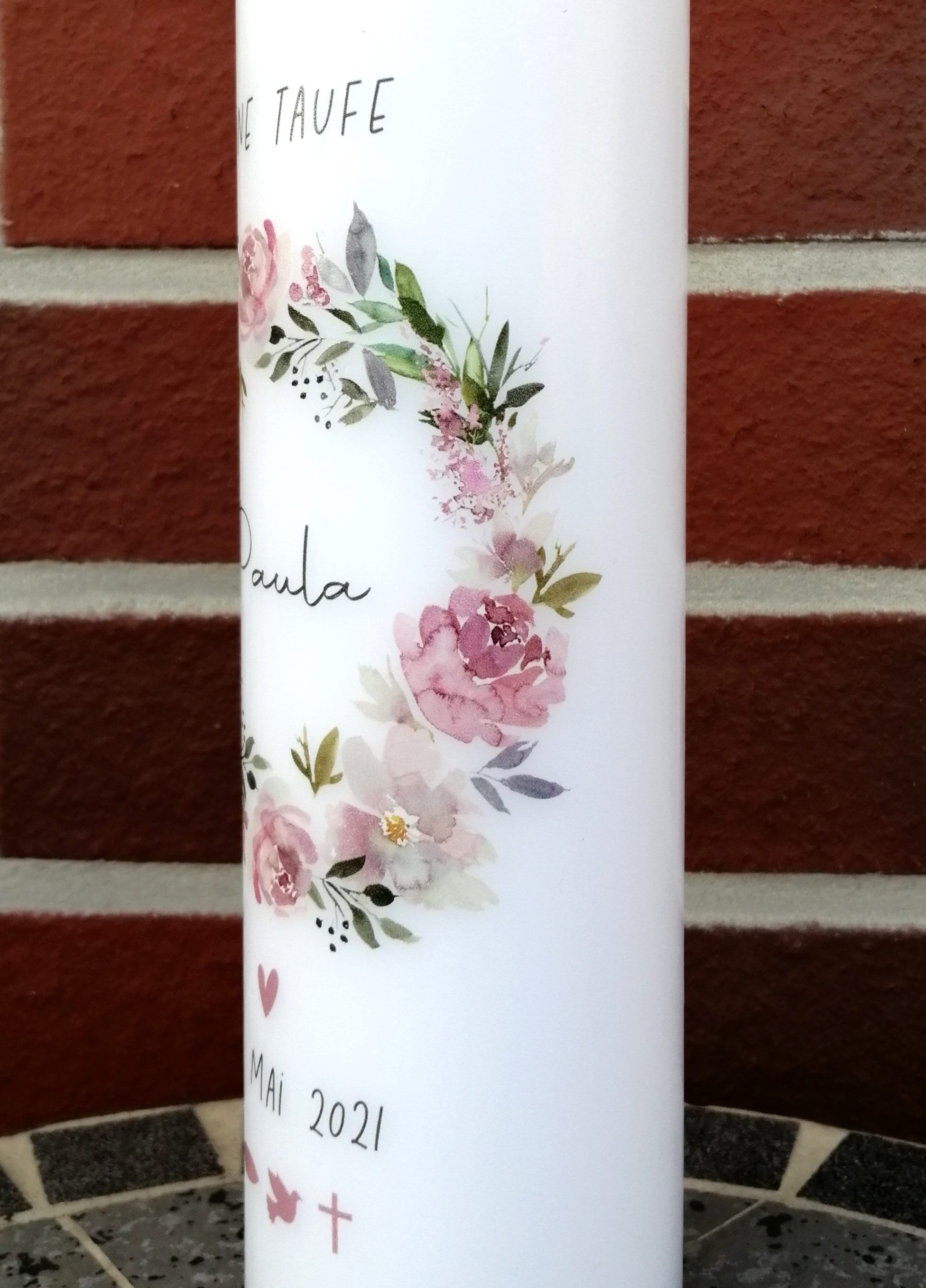 Taufkerze personalisiert mit Namen und Datum "Blumenkranz 2 Symbole", Junge/ Mädchen, personalisierte Taufkerze, handgemachte Taufkerzen