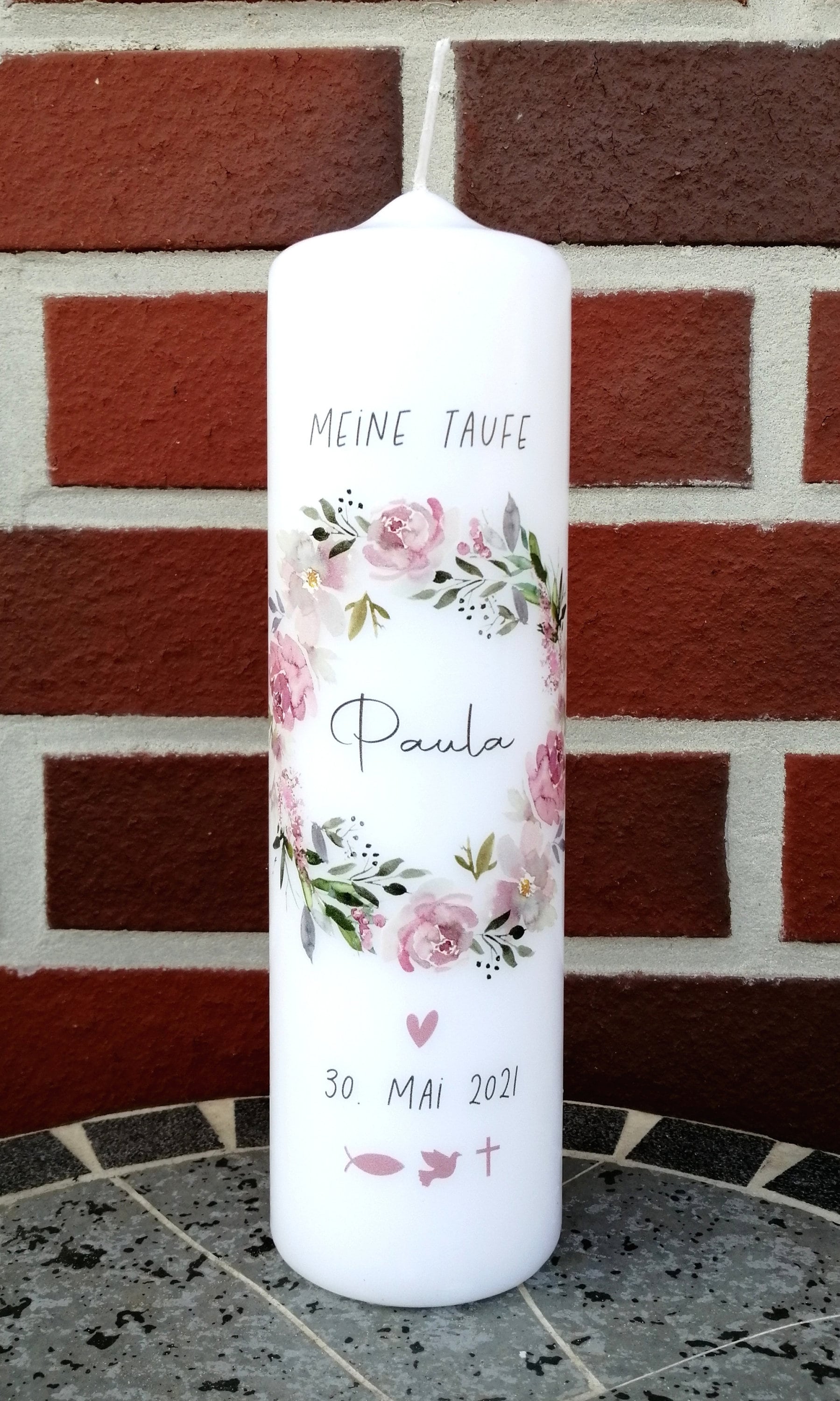 Taufkerze personalisiert mit Namen und Datum "Blumenkranz 2 Symbole", Junge/ Mädchen, personalisierte Taufkerze, handgemachte Taufkerzen