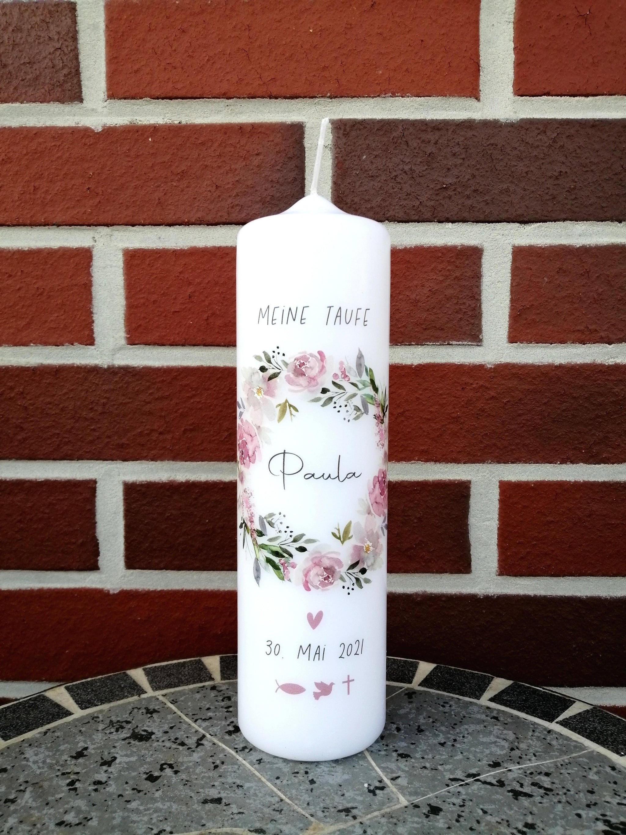 Taufkerze personalisiert mit Namen und Datum "Blumenkranz 2 Symbole", Junge/ Mädchen, personalisierte Taufkerze, handgemachte Taufkerzen