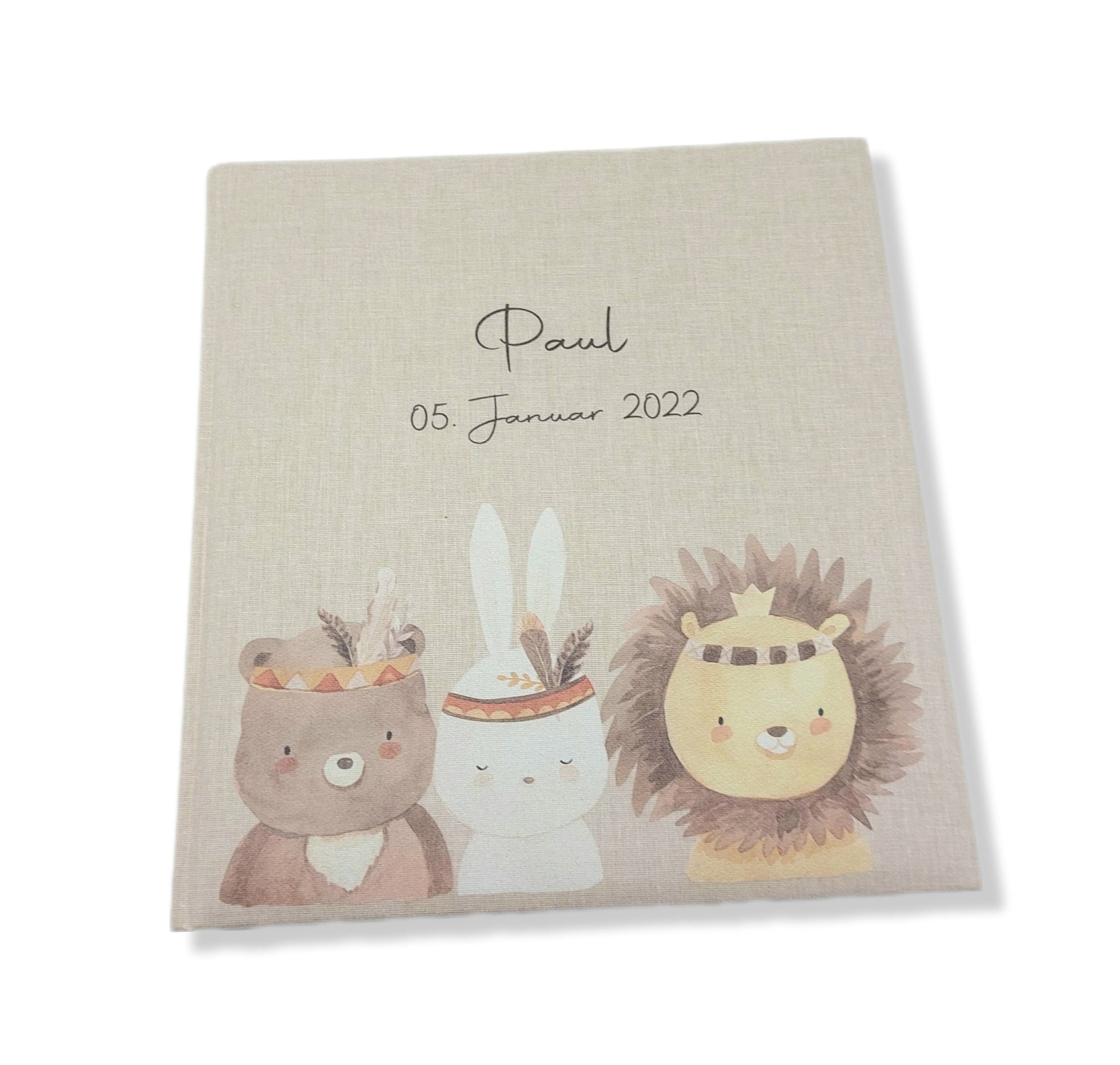Fotoalbum personalisiert Baby, Kind "BohoTiere" Leinen, Erinnerungsalbum