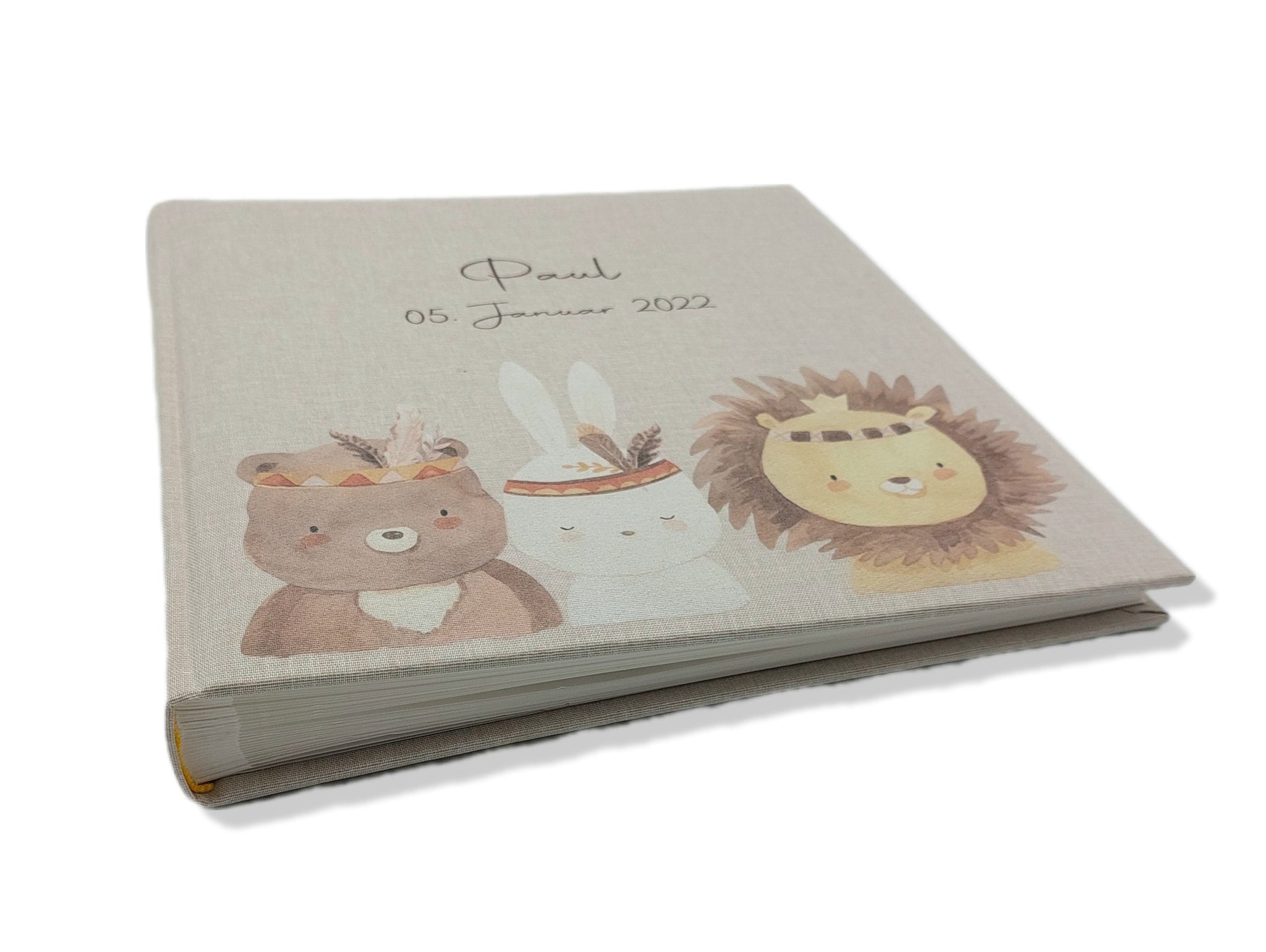 Fotoalbum personalisiert Baby, Kind "BohoTiere" Leinen, Erinnerungsalbum