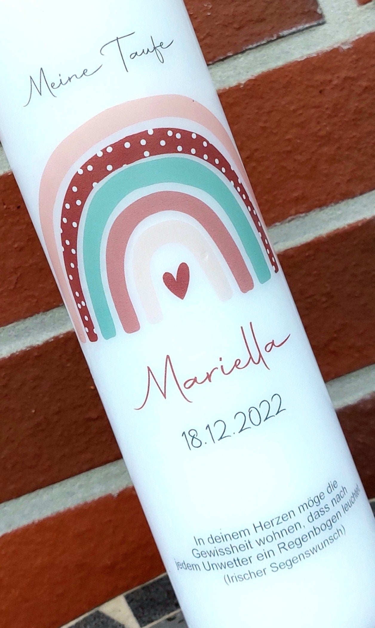 Taufkerze personalisiert mit Namen Datum und Taufspruch "Regenbogen Punkte rot", Junge/ Mädchen