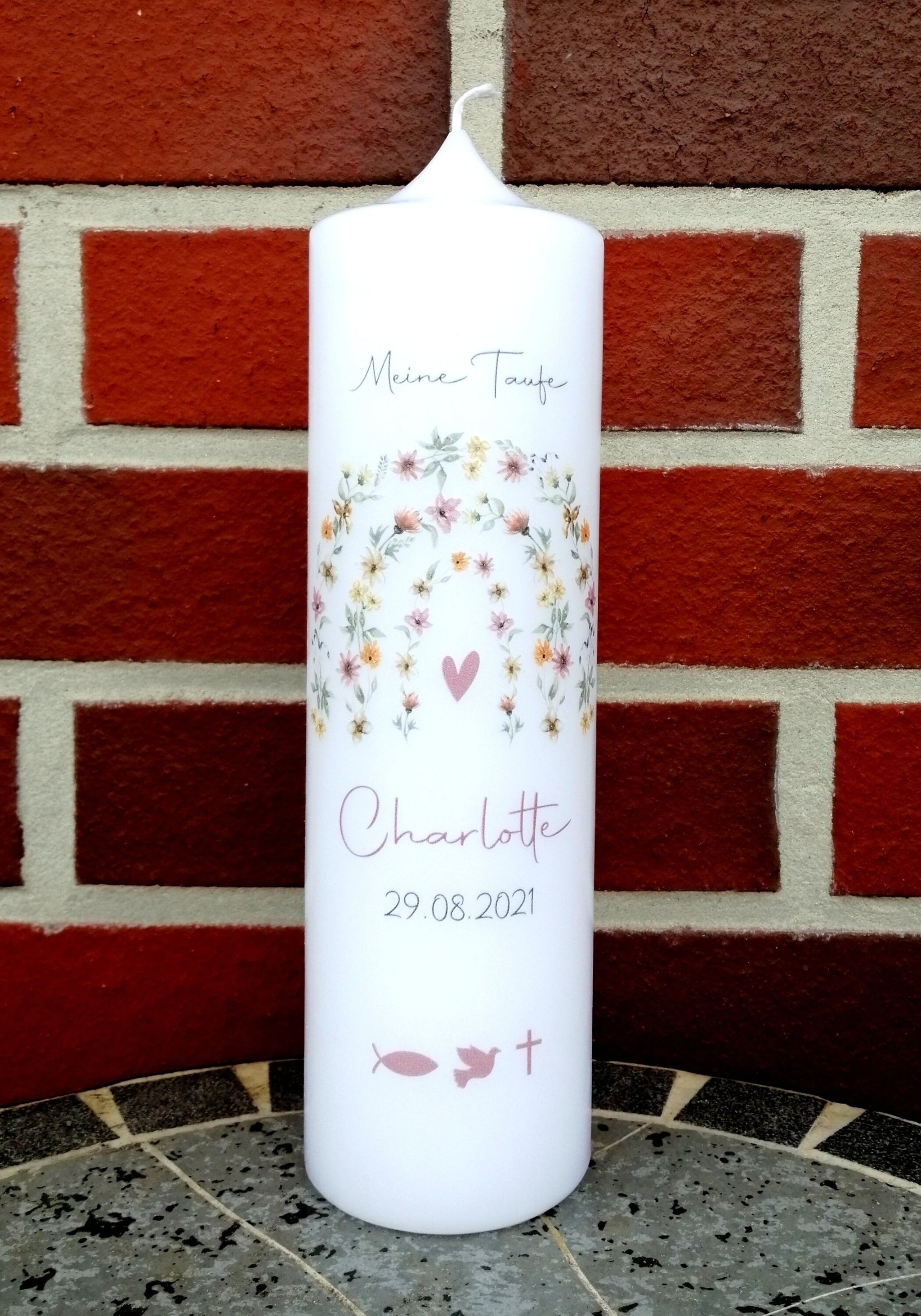 Taufkerze personalisiert mit Namen und Datum "Blumenbogen Symbole", Junge/ Mädchen