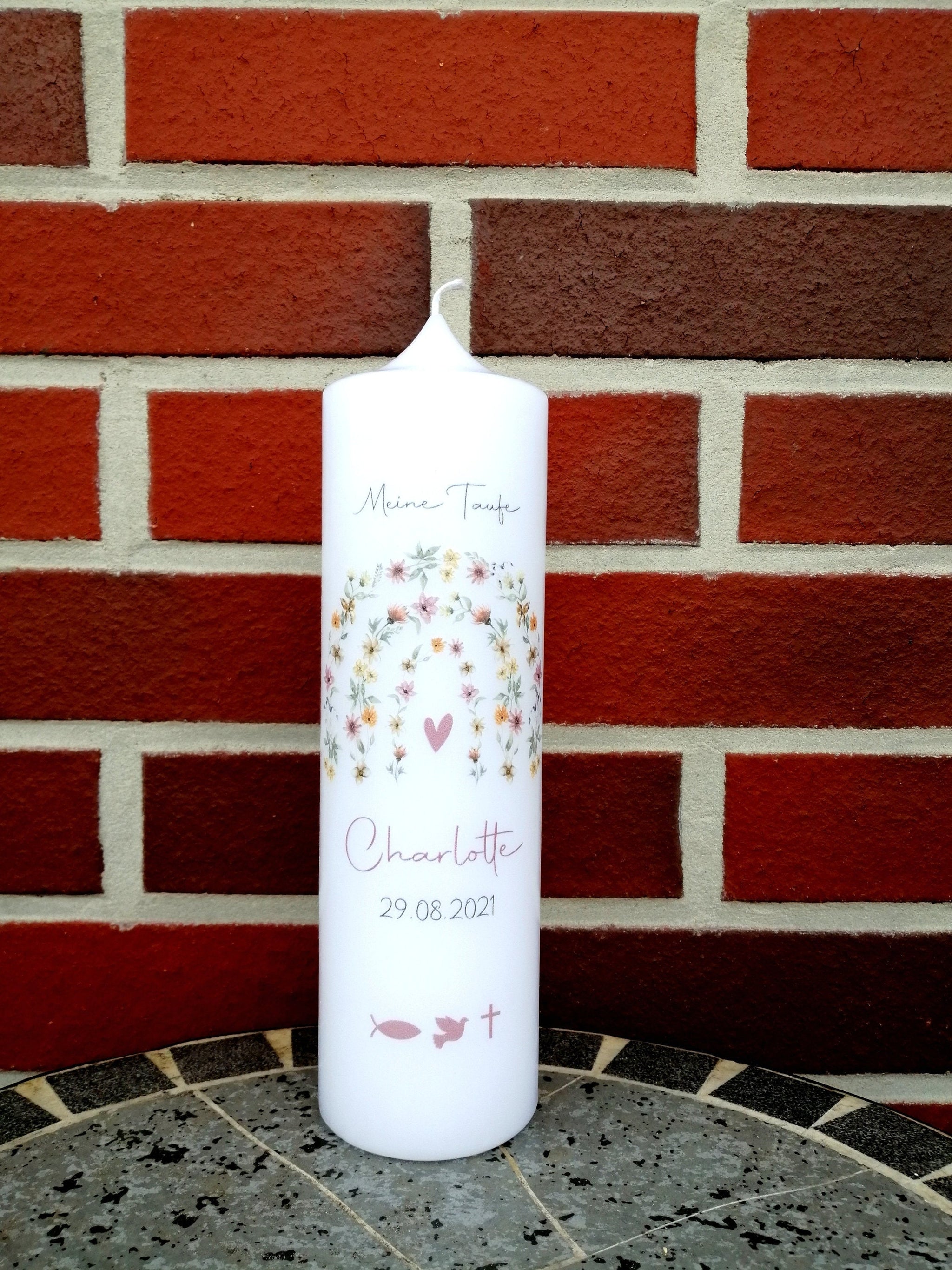 Taufkerze personalisiert mit Namen und Datum "Blumenbogen Symbole", Junge/ Mädchen