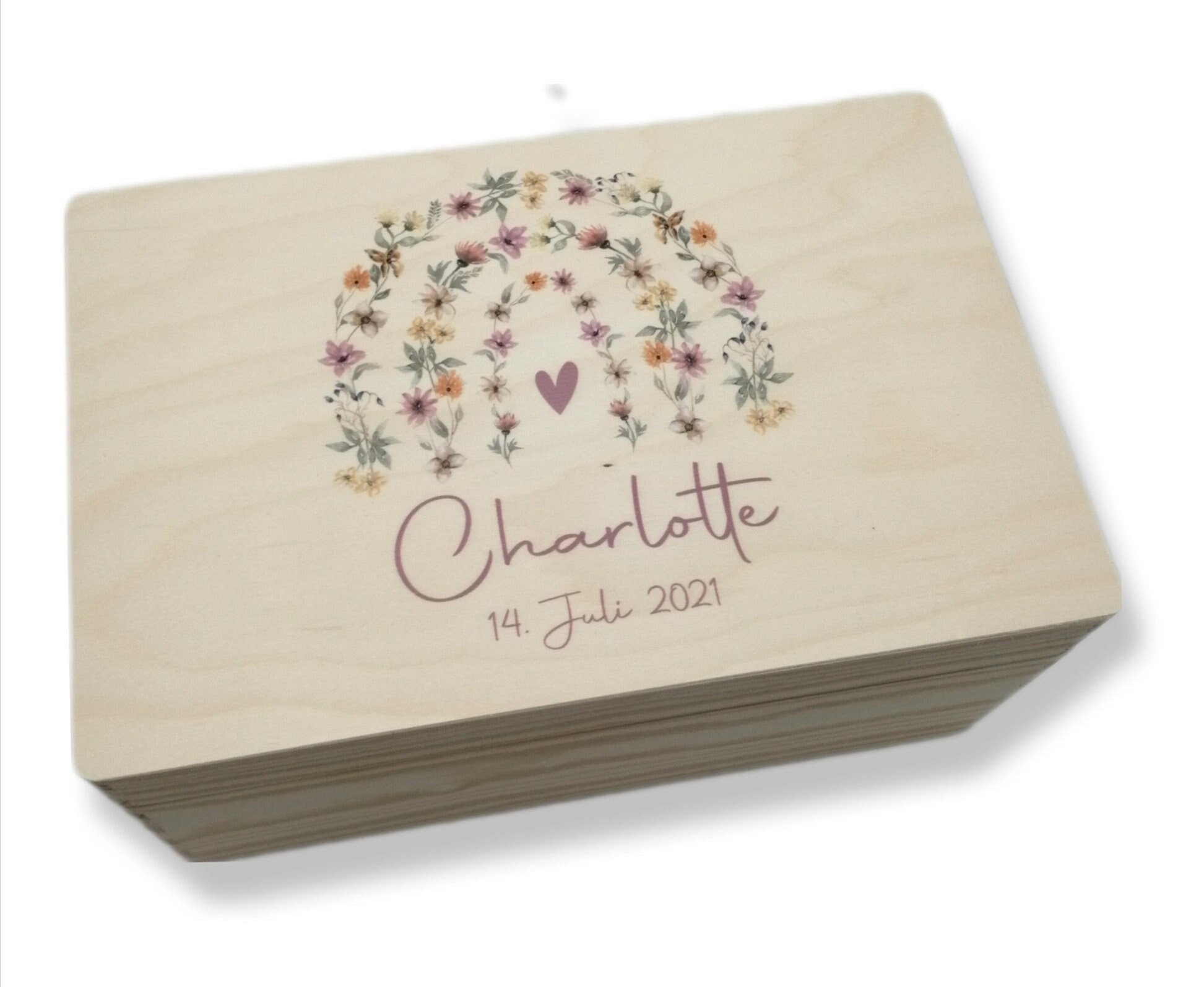 Erinnerungskiste Baby mit Namen "Blumenbogen" Erinnerungskiste Kinder, Erinnerungsbox bedruckt, Taufgeschenk, Geschenk zur Geburt, Baby