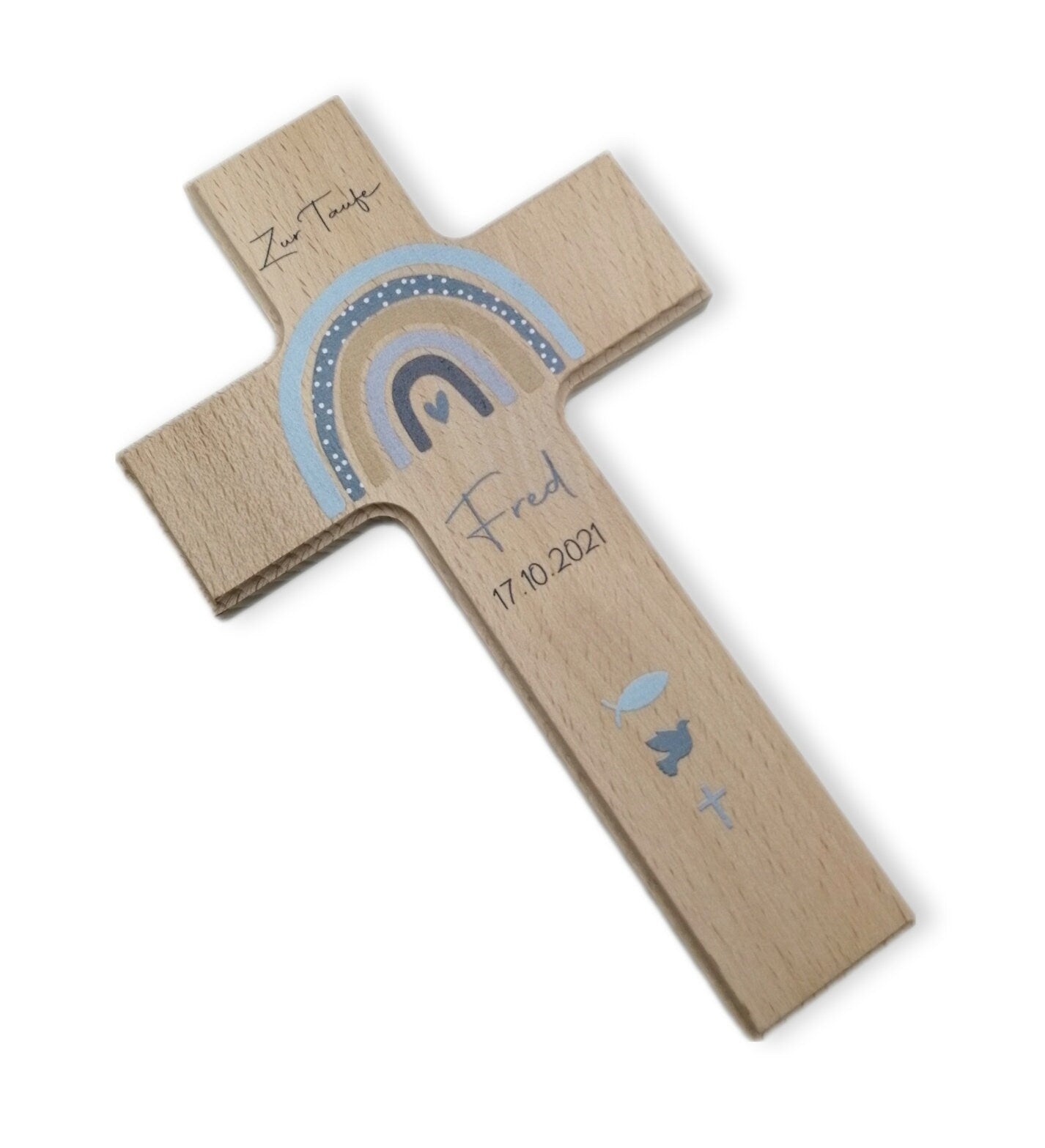 Taufkreuz / Kinderkreuz personalisiert "Regenbogen Punkte Symbole" Wandkreuz aus Holz