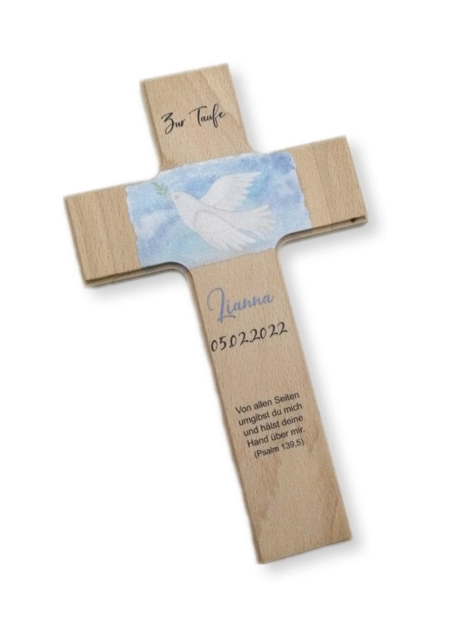 Taufkreuz / Kinderkreuz personalisiert "Taube" Wandkreuz aus Holz