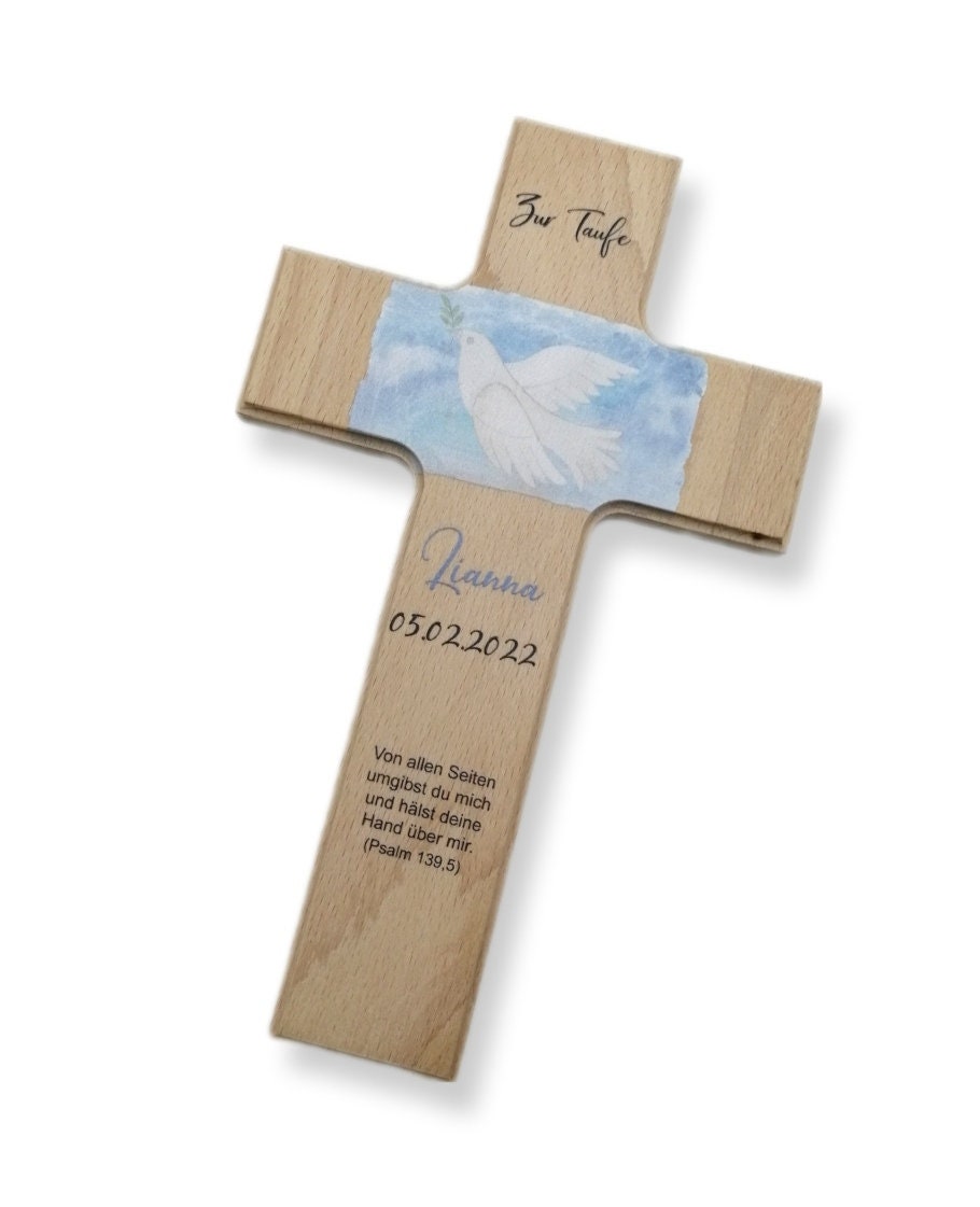 Taufkreuz / Kinderkreuz personalisiert "Taube" Wandkreuz aus Holz