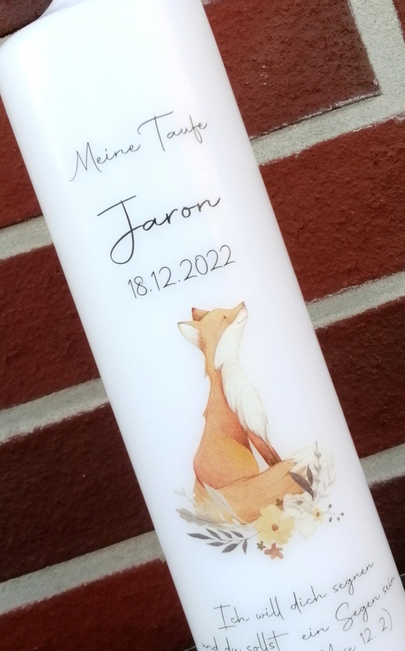 Taufkerze personalisiert mit Namen Datum und Taufspruch "Fuchs", Junge/ Mädchen, Kerze zur Taufe, Geschenkidee Taufe, Taufgeschenk Ideen