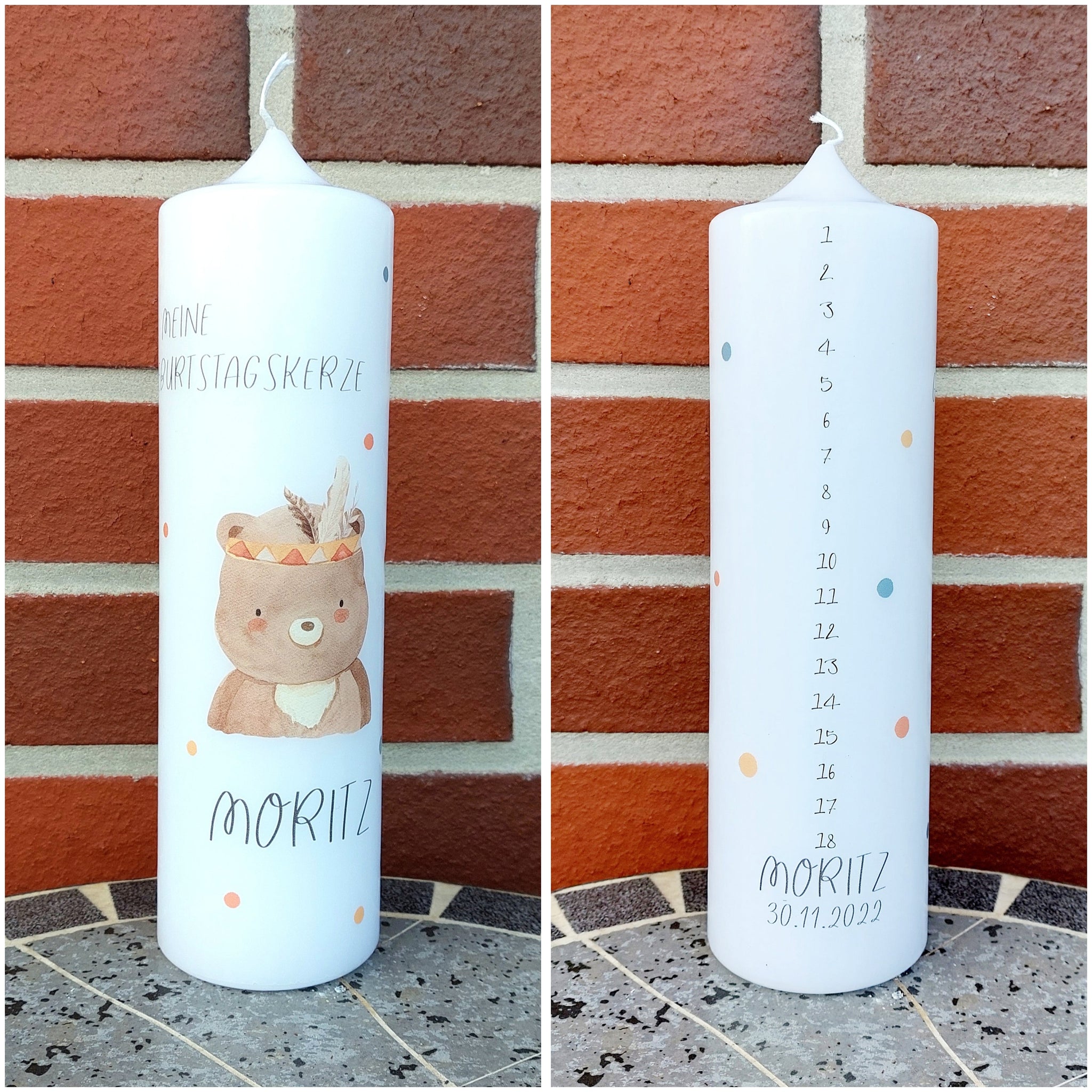 Geburtstagskerze/ Geburtskerze personalisiert mit Namen und Geburtsdatum "Boho Bär" / Geburt/ Taufe/ Geburtstag