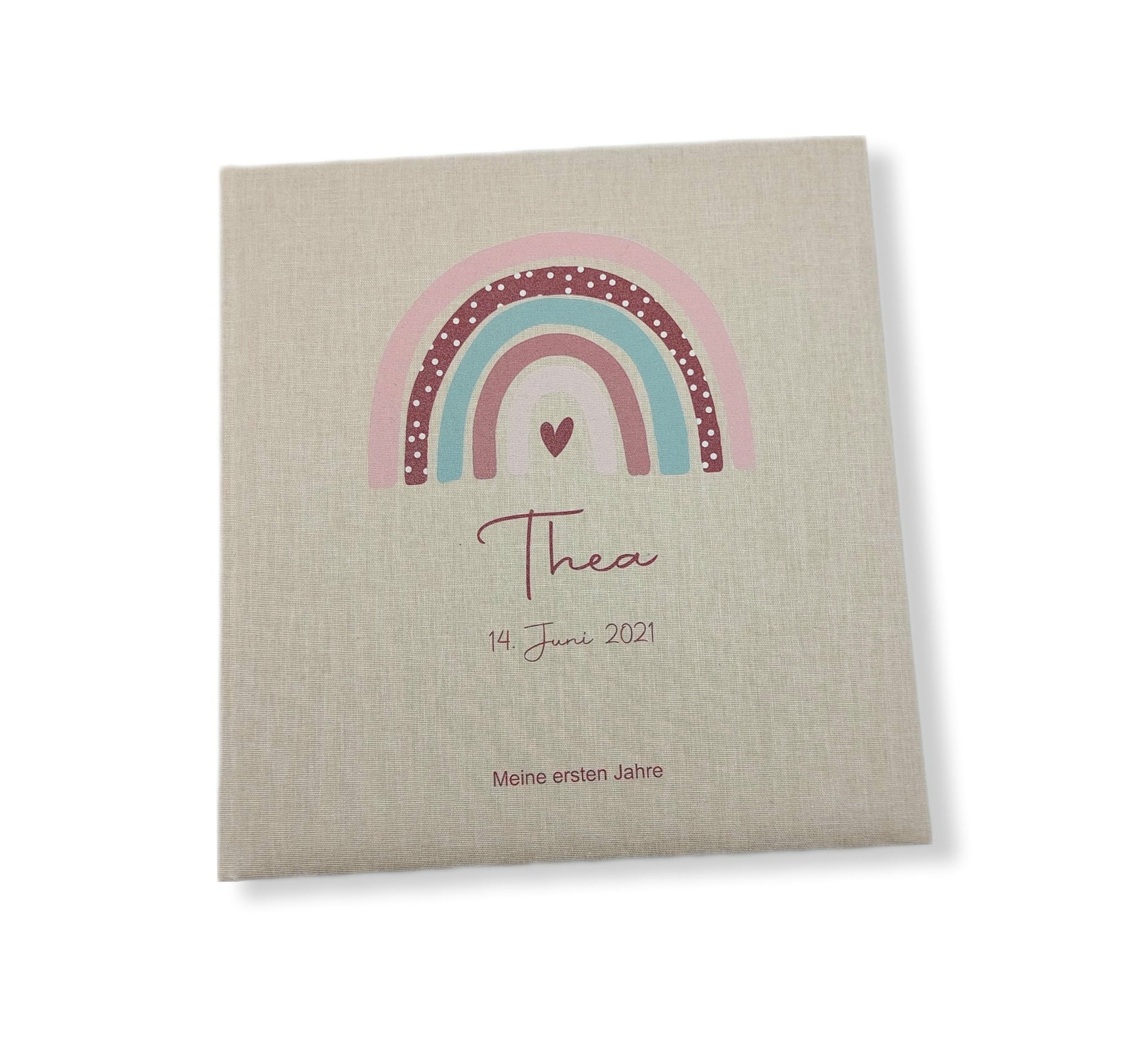 Fotoalbum personalisiert Baby, Kind "Regenbogen Punktenrot" Leinen, Erinnerungsalbum