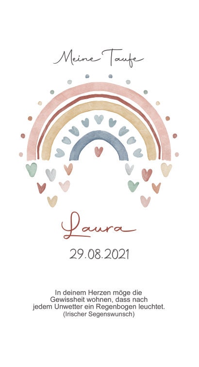 Taufkerze personalisiert mit Namen Datum und Taufspruch "Regenbogen Herzen", Junge/ Mädchen, Taufgeschenk, Kommunionkerze, Taufpate