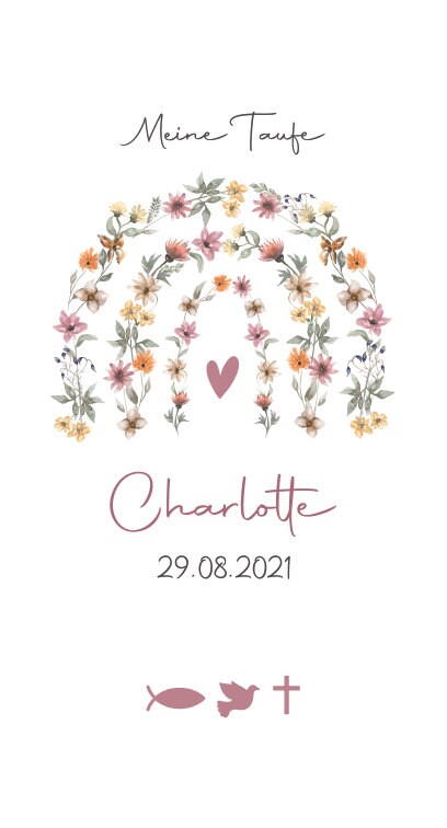 Taufkerze personalisiert mit Namen und Datum "Blumenbogen Symbole", Junge/ Mädchen