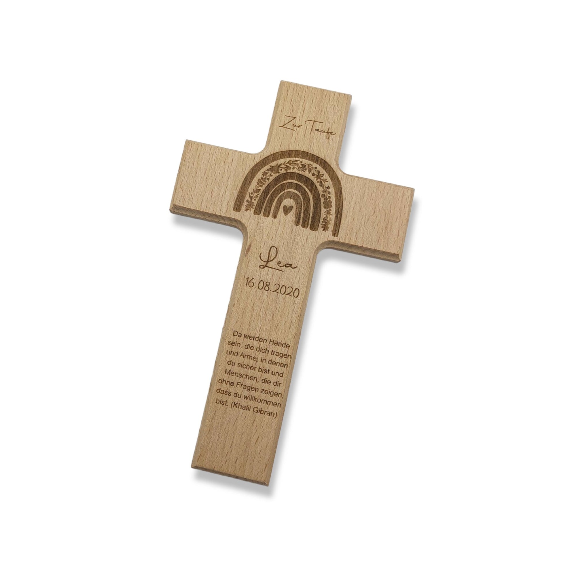 Taufkreuz / Kinderkreuz personalisiert "RegenbogenBlumen" Wandkreuz aus Holz
