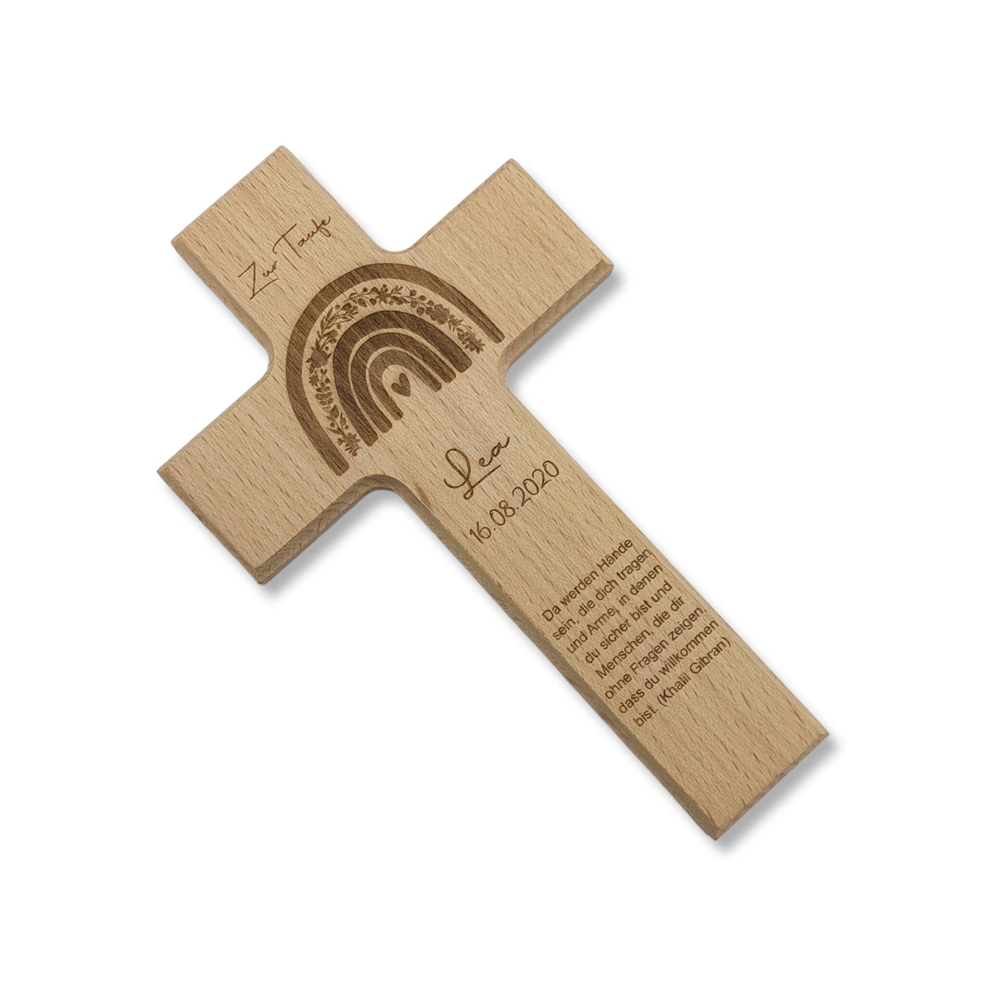 Taufkreuz / Kinderkreuz personalisiert "RegenbogenBlumen" Wandkreuz aus Holz