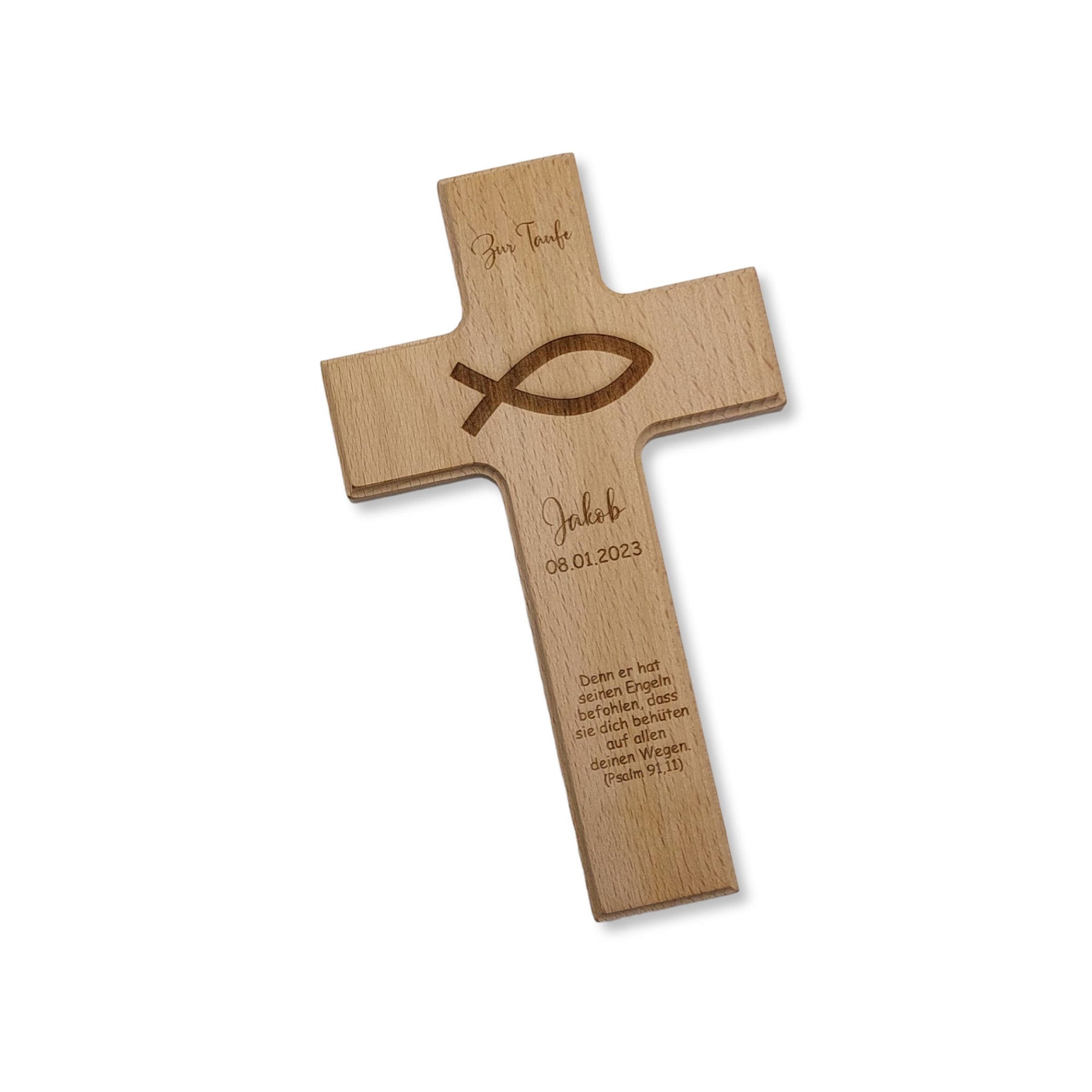 Taufkreuz / Kinderkreuz personalisiert "Fisch 2" Wandkreuz aus Holz