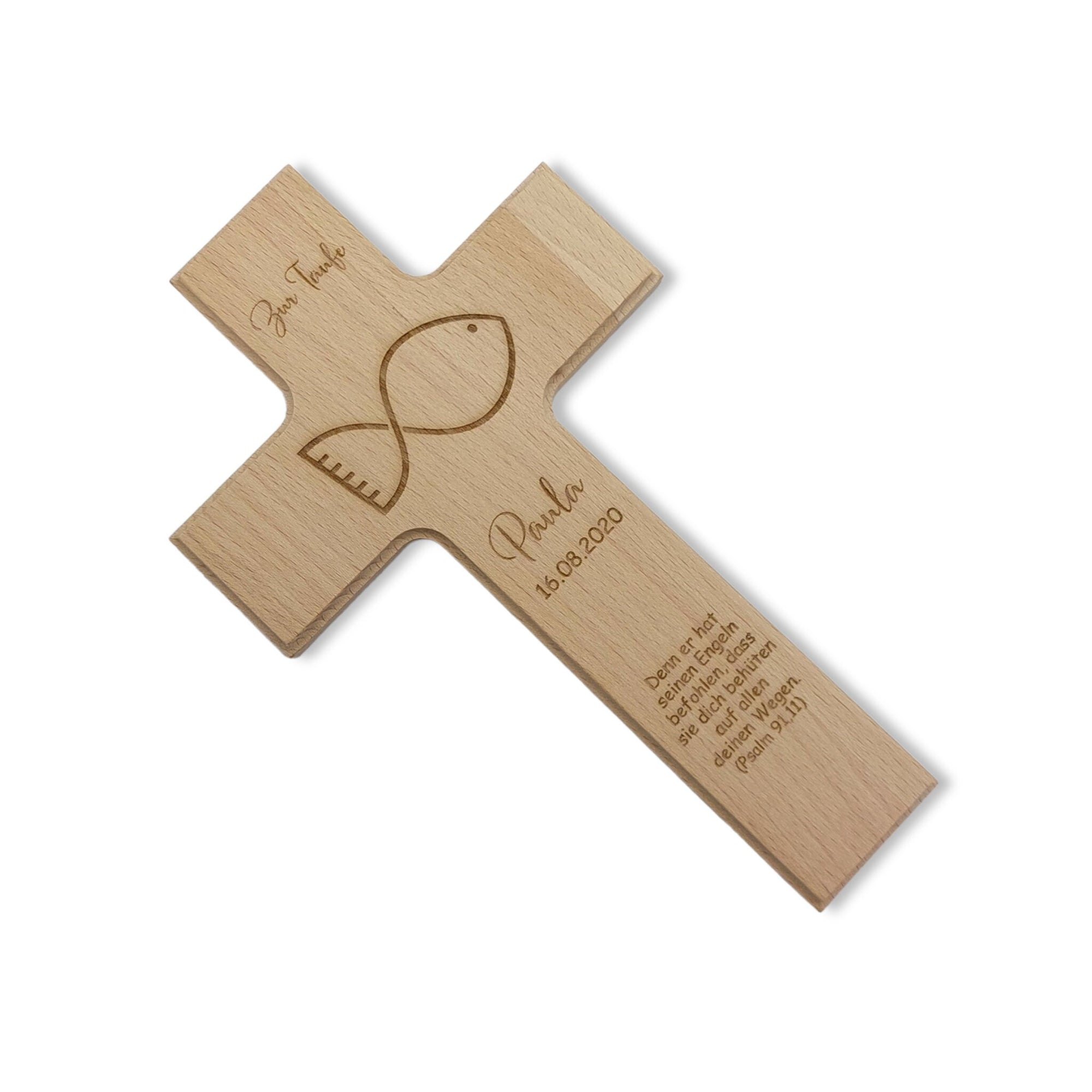 Taufkreuz / Kinderkreuz personalisiert "Fisch" Wandkreuz aus Holz
