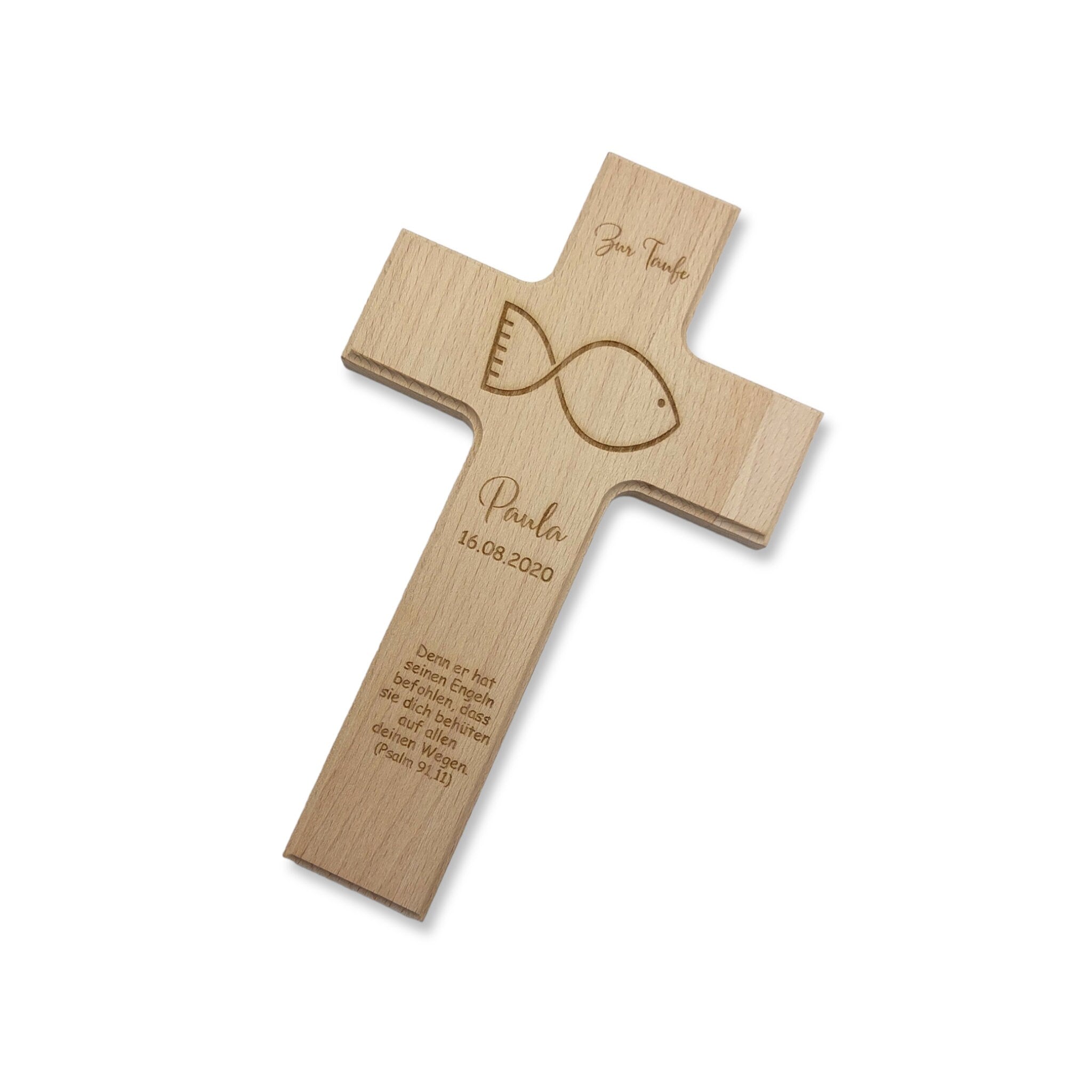 Taufkreuz / Kinderkreuz personalisiert "Fisch" Wandkreuz aus Holz