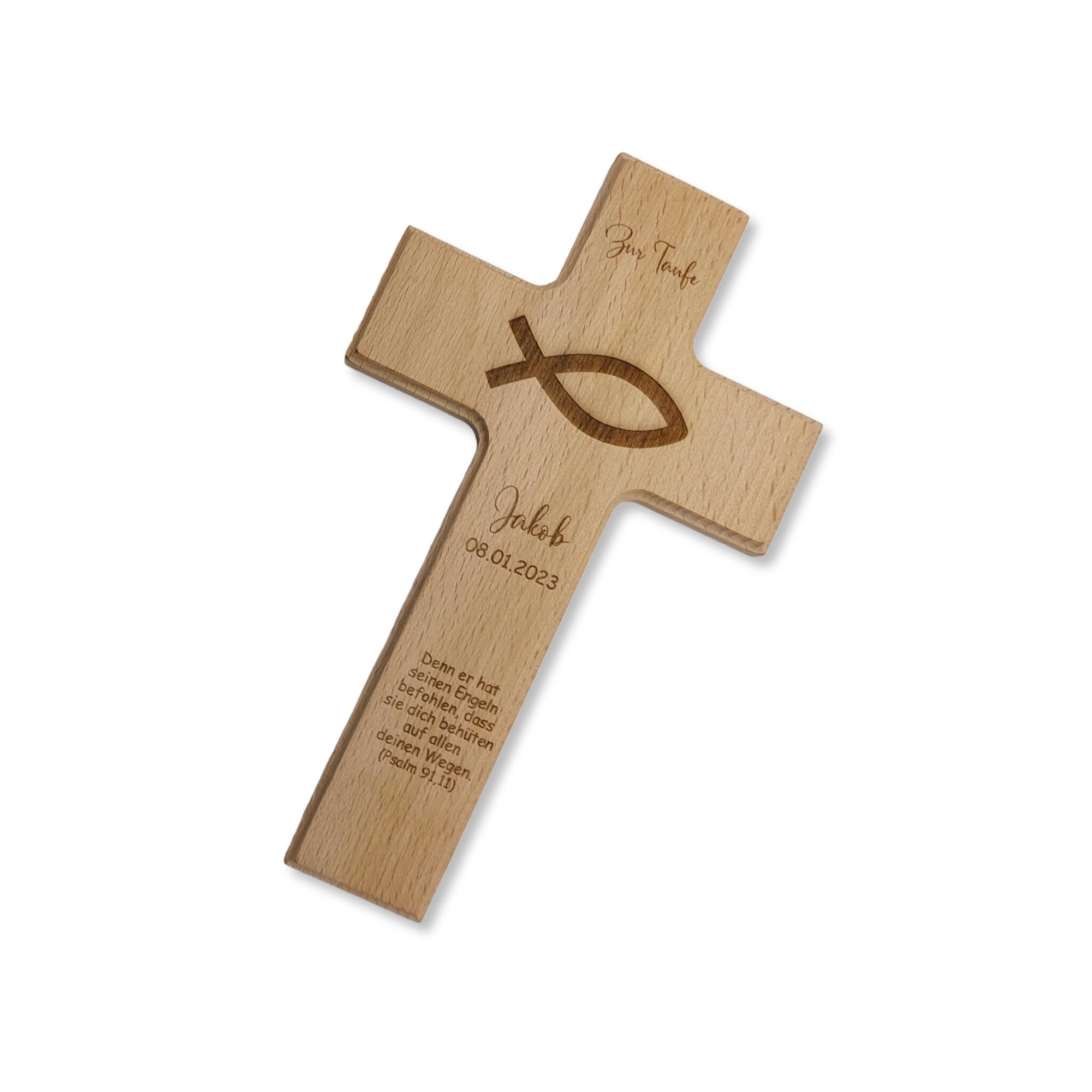 Taufkreuz / Kinderkreuz personalisiert "Fisch 2" Wandkreuz aus Holz