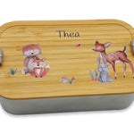Brotdose personalisiert aus Edelstahl mit Bambus Deckel "Waldtiere 3", Trennsteg, Lunchbox