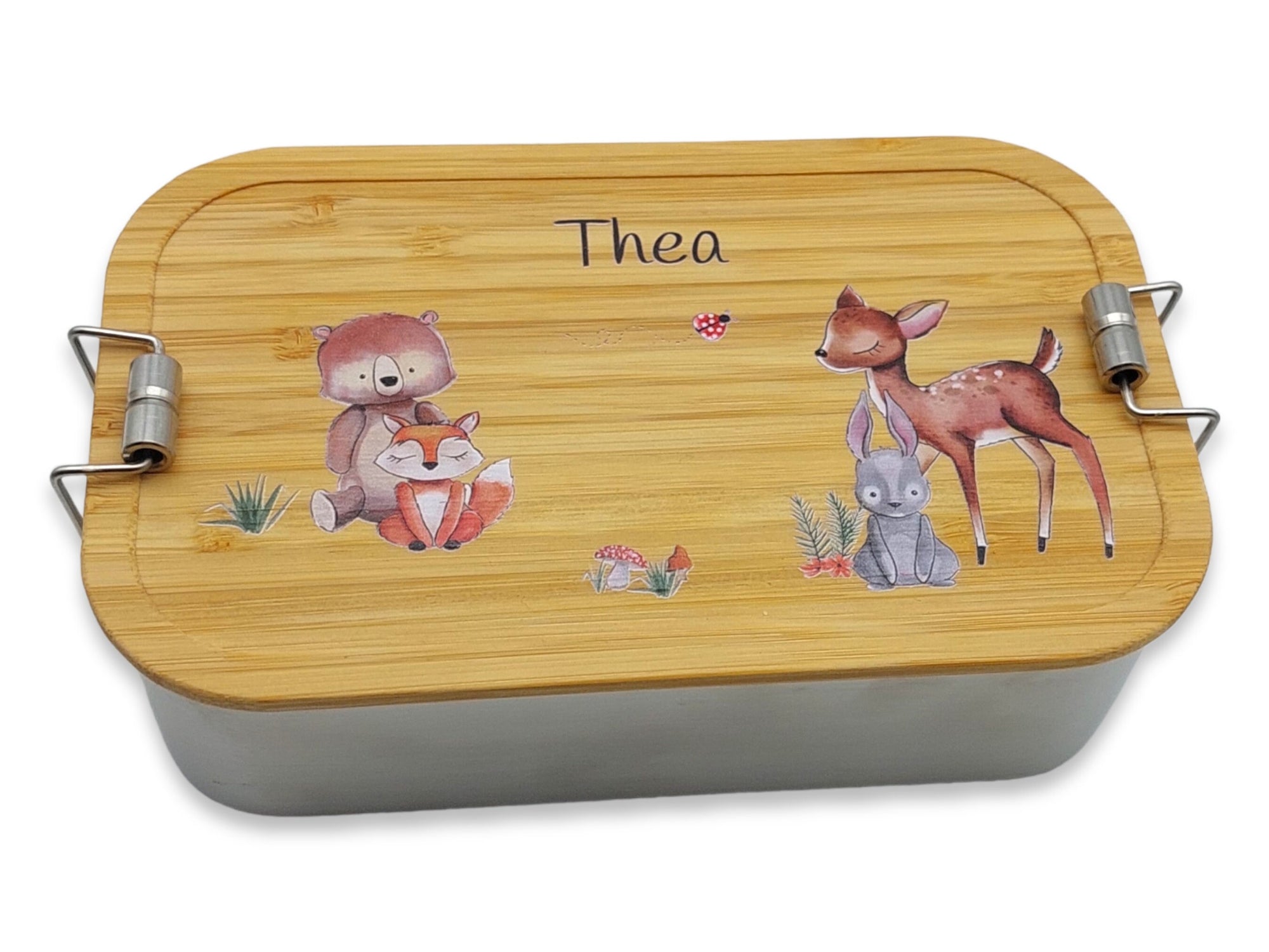 Brotdose personalisiert aus Edelstahl mit Bambus Deckel "Waldtiere 3", Trennsteg, Lunchbox