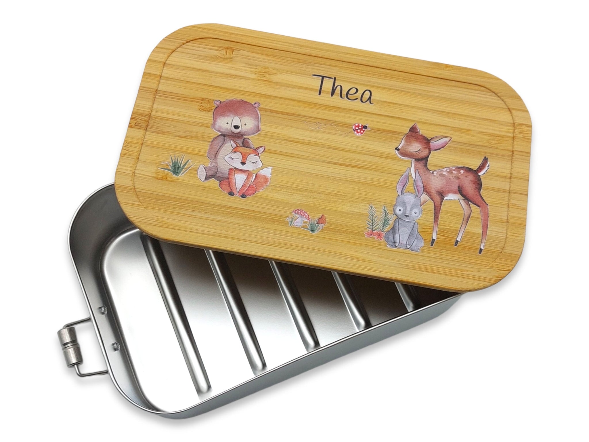 Brotdose personalisiert aus Edelstahl mit Bambus Deckel "Waldtiere 3", Trennsteg, Lunchbox