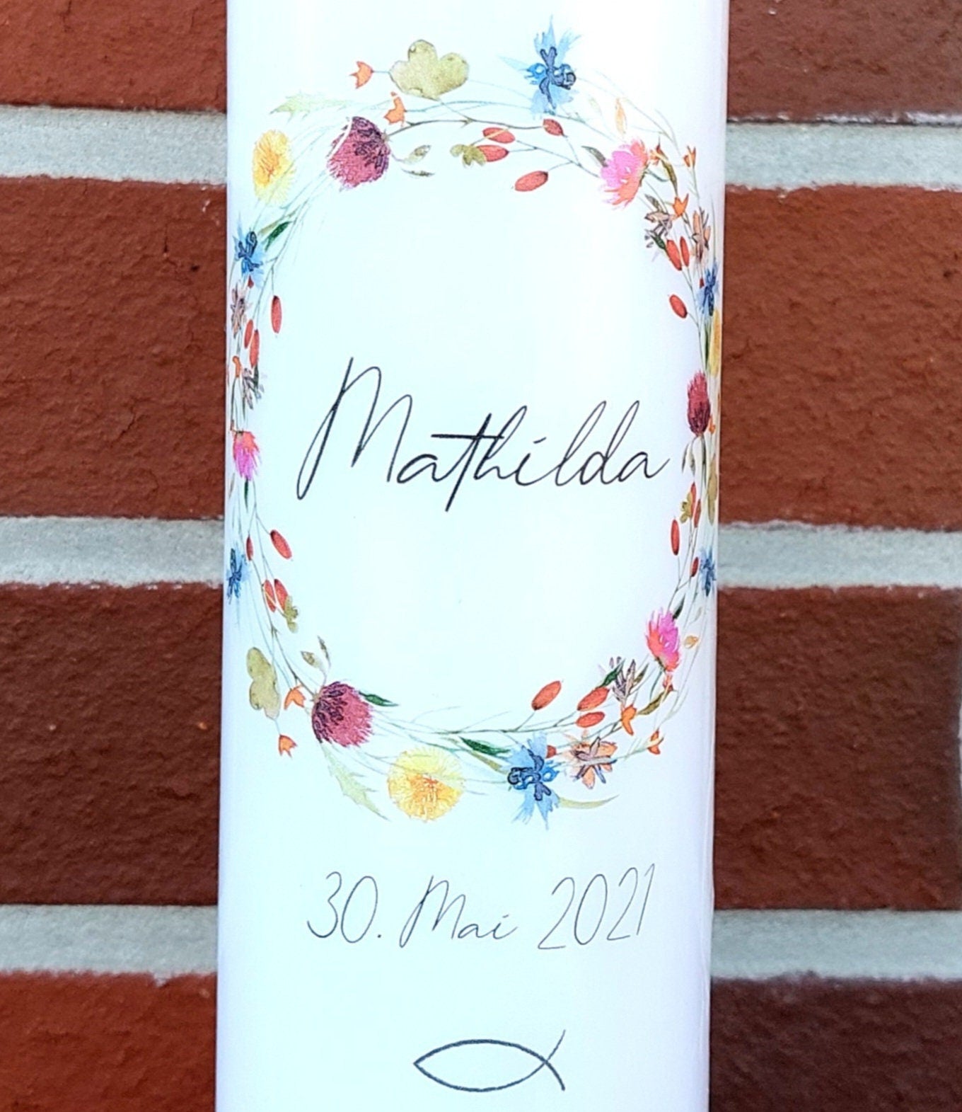 Taufkerze personalisiert mit Namen Datum und Taufspruch "Kranz Wildflower", Geschenk zur Taufe, Taufgeschenk, Taufkerze floral, handgemacht