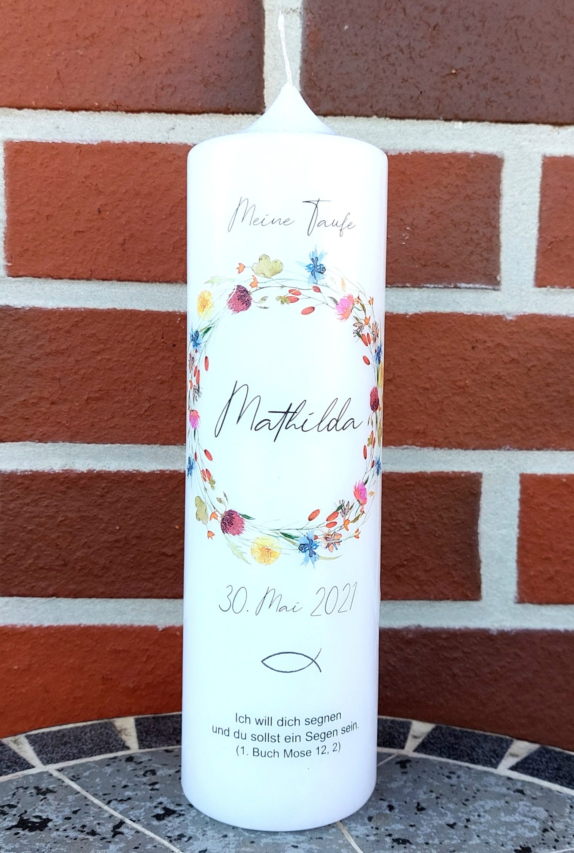 Taufkerze personalisiert mit Namen Datum und Taufspruch "Kranz Wildflower", Geschenk zur Taufe, Taufgeschenk, Taufkerze floral, handgemacht
