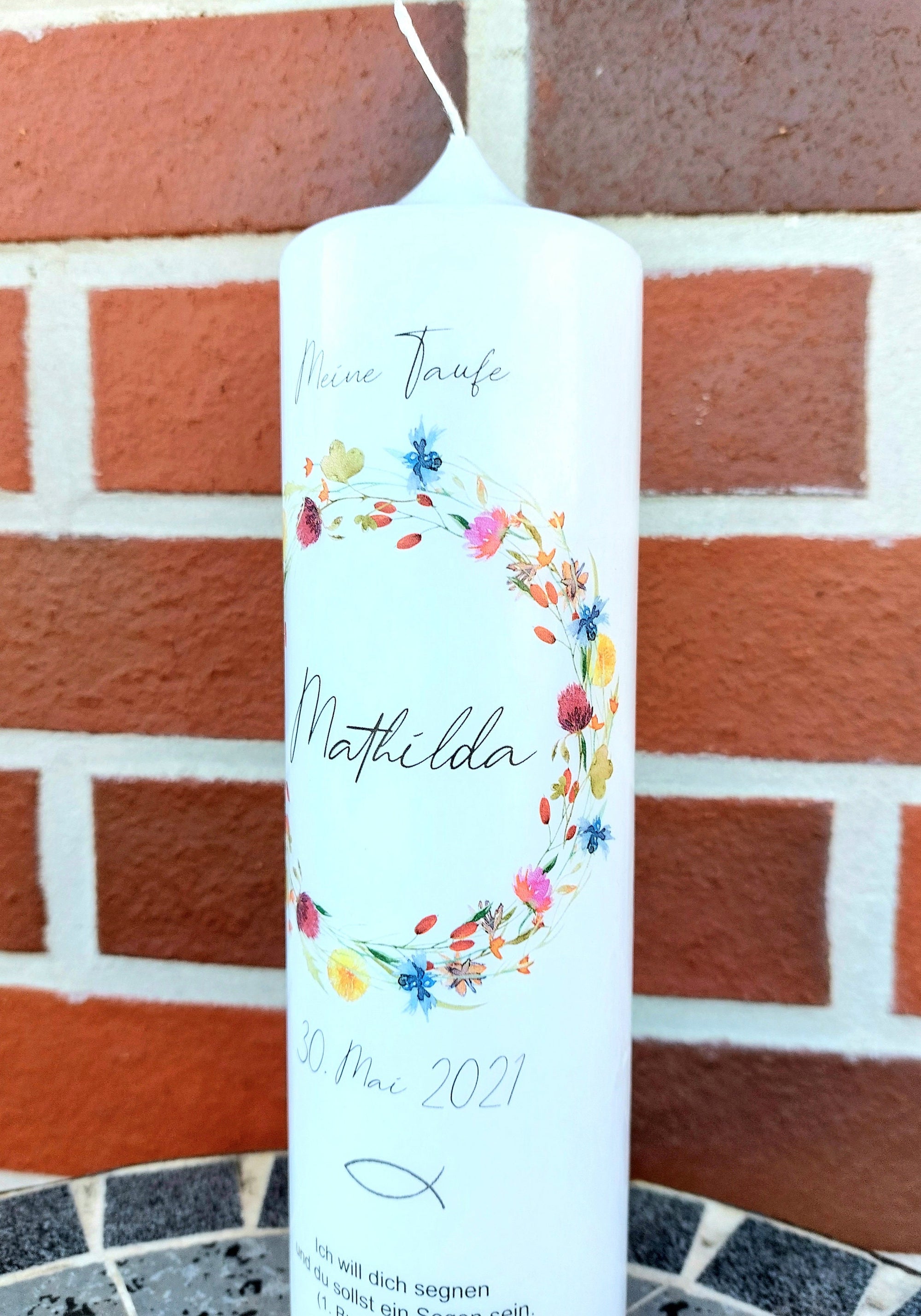 Taufkerze personalisiert mit Namen Datum und Taufspruch "Kranz Wildflower", Geschenk zur Taufe, Taufgeschenk, Taufkerze floral, handgemacht