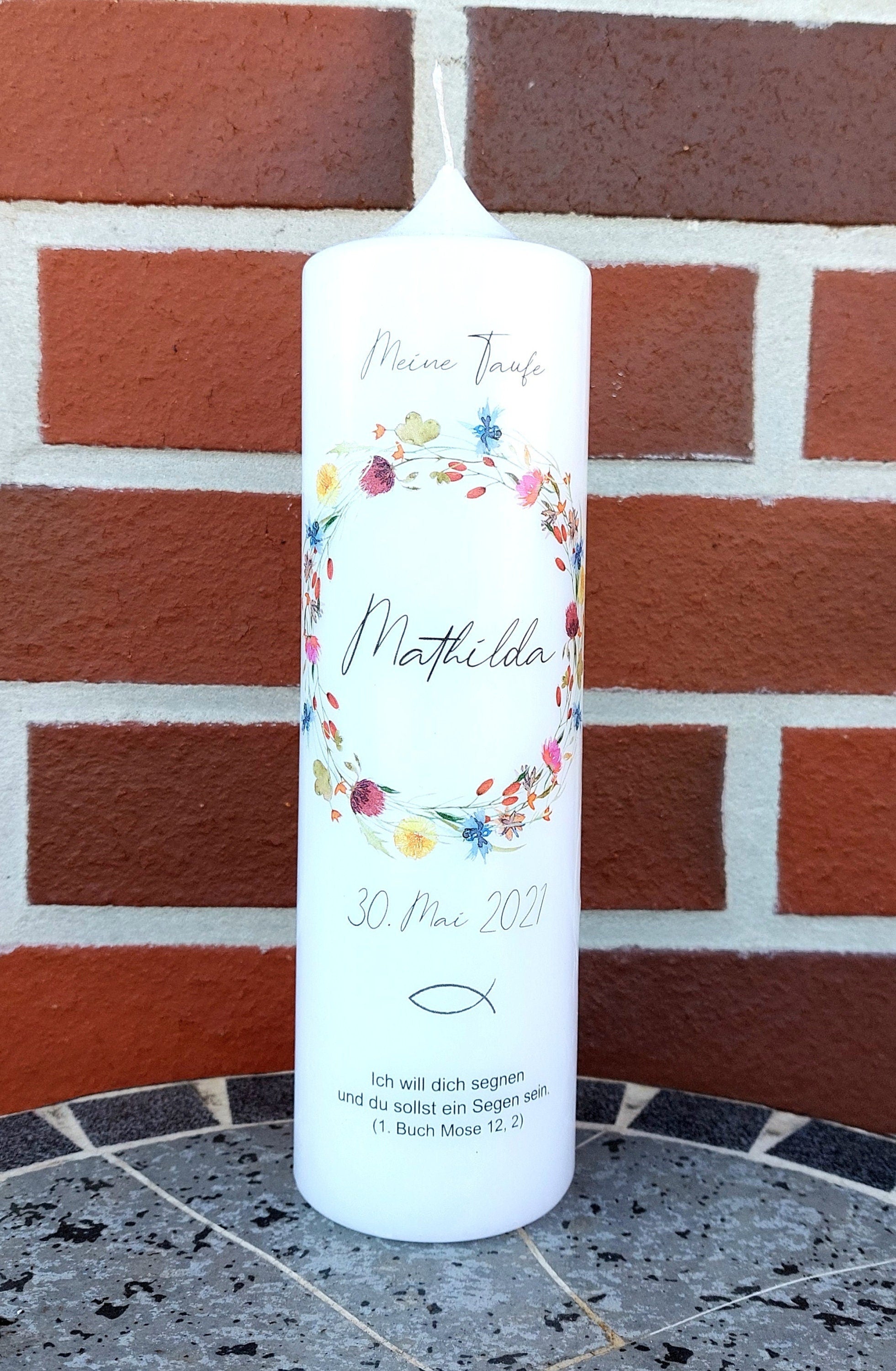 Taufkerze personalisiert mit Namen Datum und Taufspruch "Kranz Wildflower", Geschenk zur Taufe, Taufgeschenk, Taufkerze floral, handgemacht