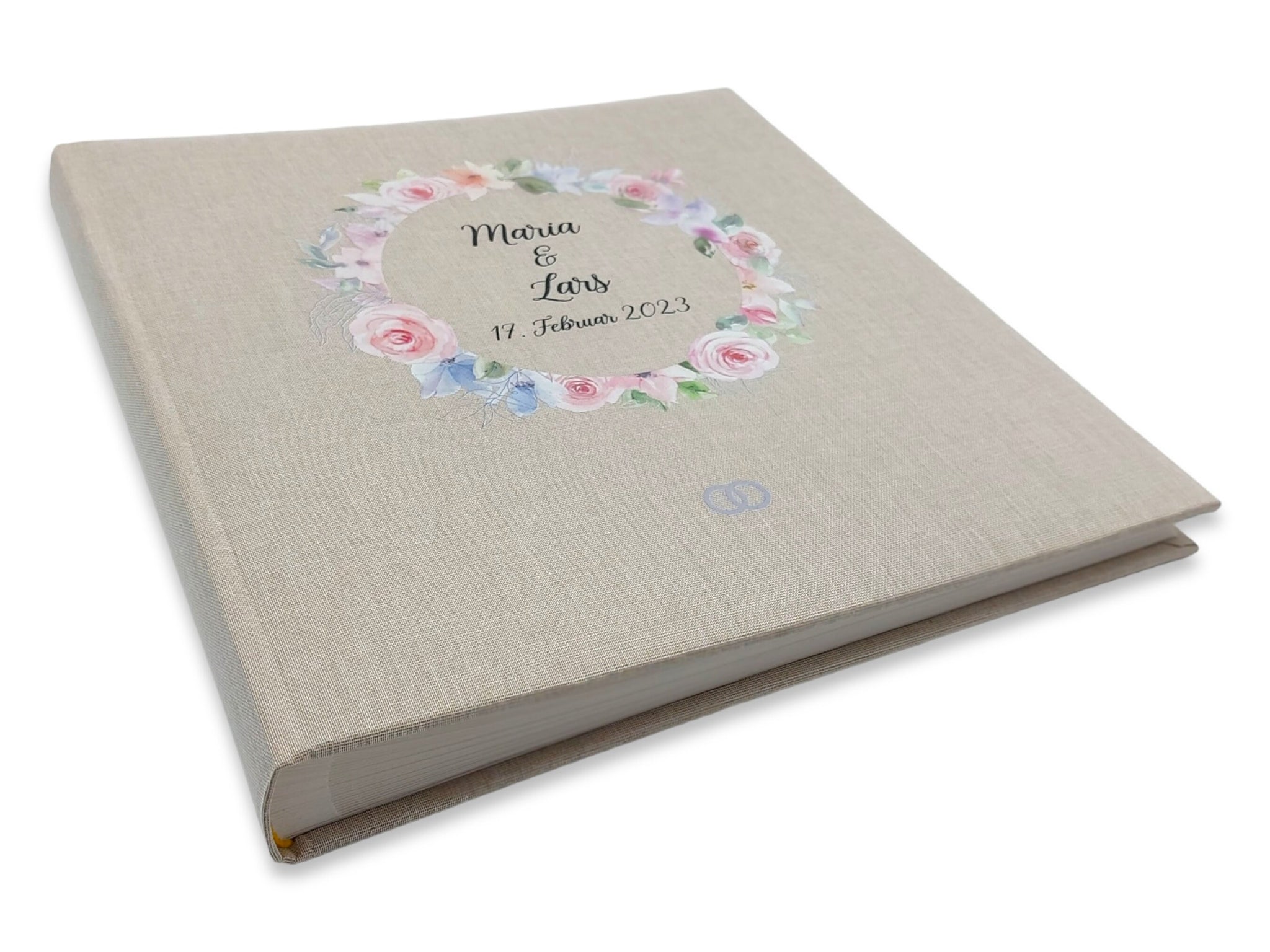 Fotoalbum personalisiert Hochzeit "Blumenkranz rosa" Leinen, Erinnerungsalbum