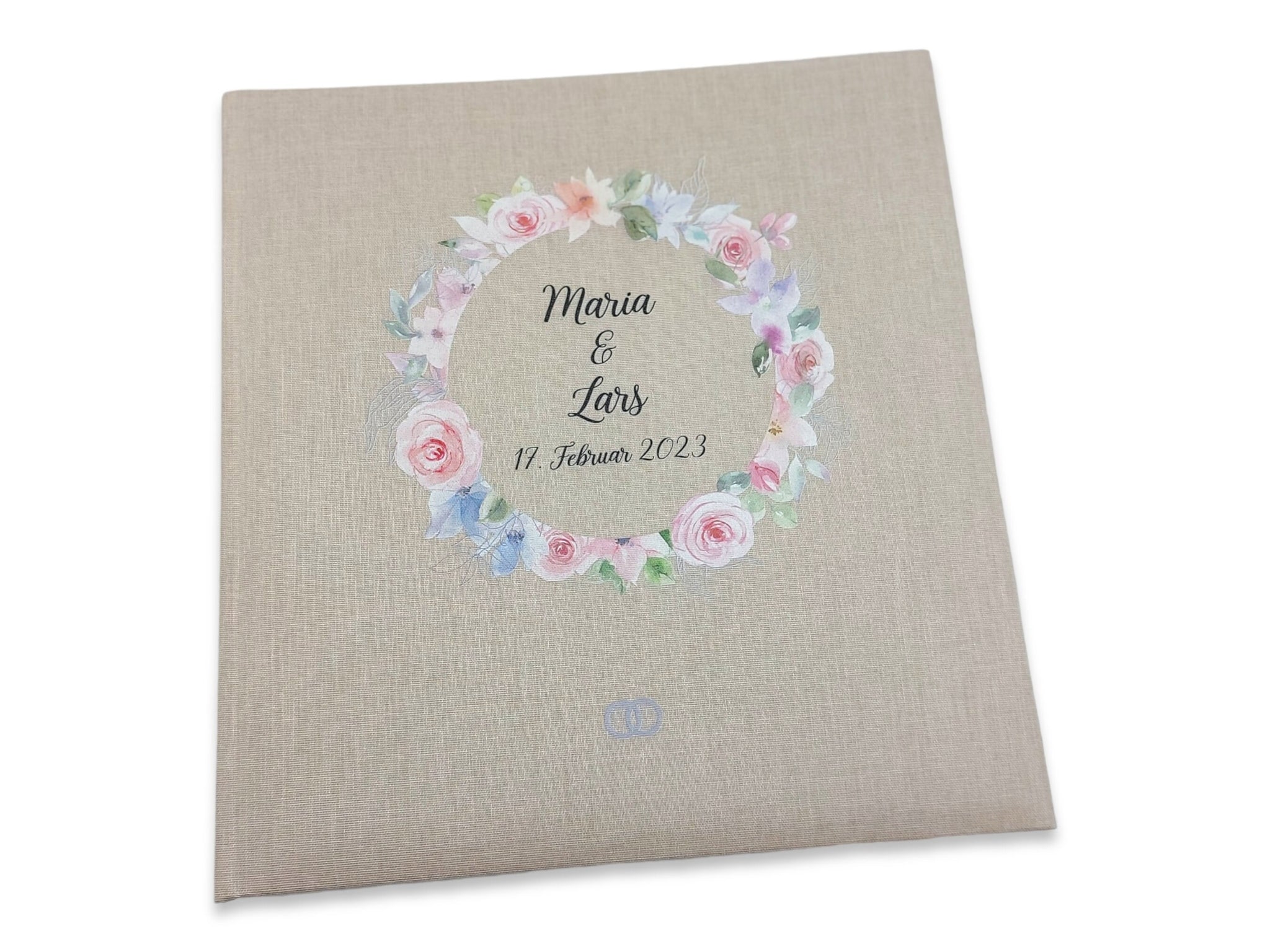Fotoalbum personalisiert Hochzeit "Blumenkranz rosa" Leinen, Erinnerungsalbum