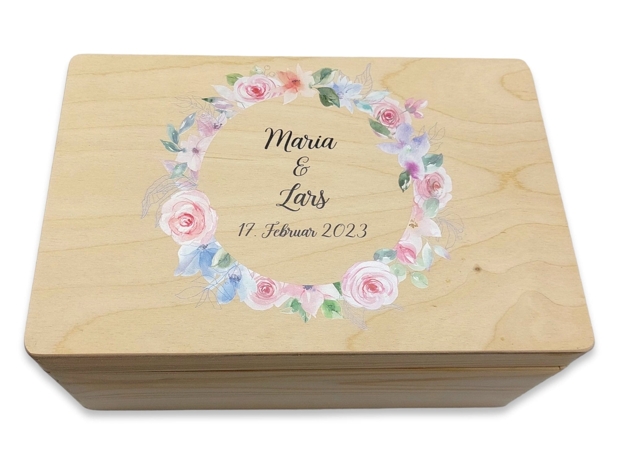 Erinnerungskiste Hochzeit mit Namen "Blumenkranz rosa" Hochzeitsdatum Erinnerungsbox zur Trauung