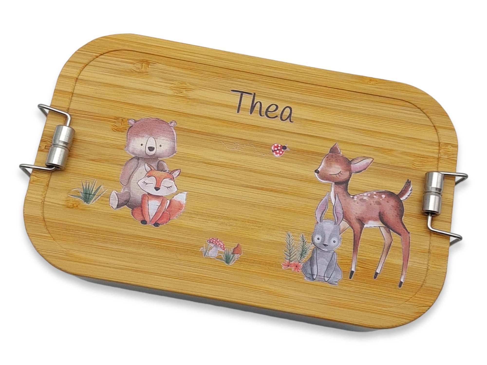 Brotdose personalisiert aus Edelstahl mit Bambus Deckel "Waldtiere 3", Trennsteg, Lunchbox